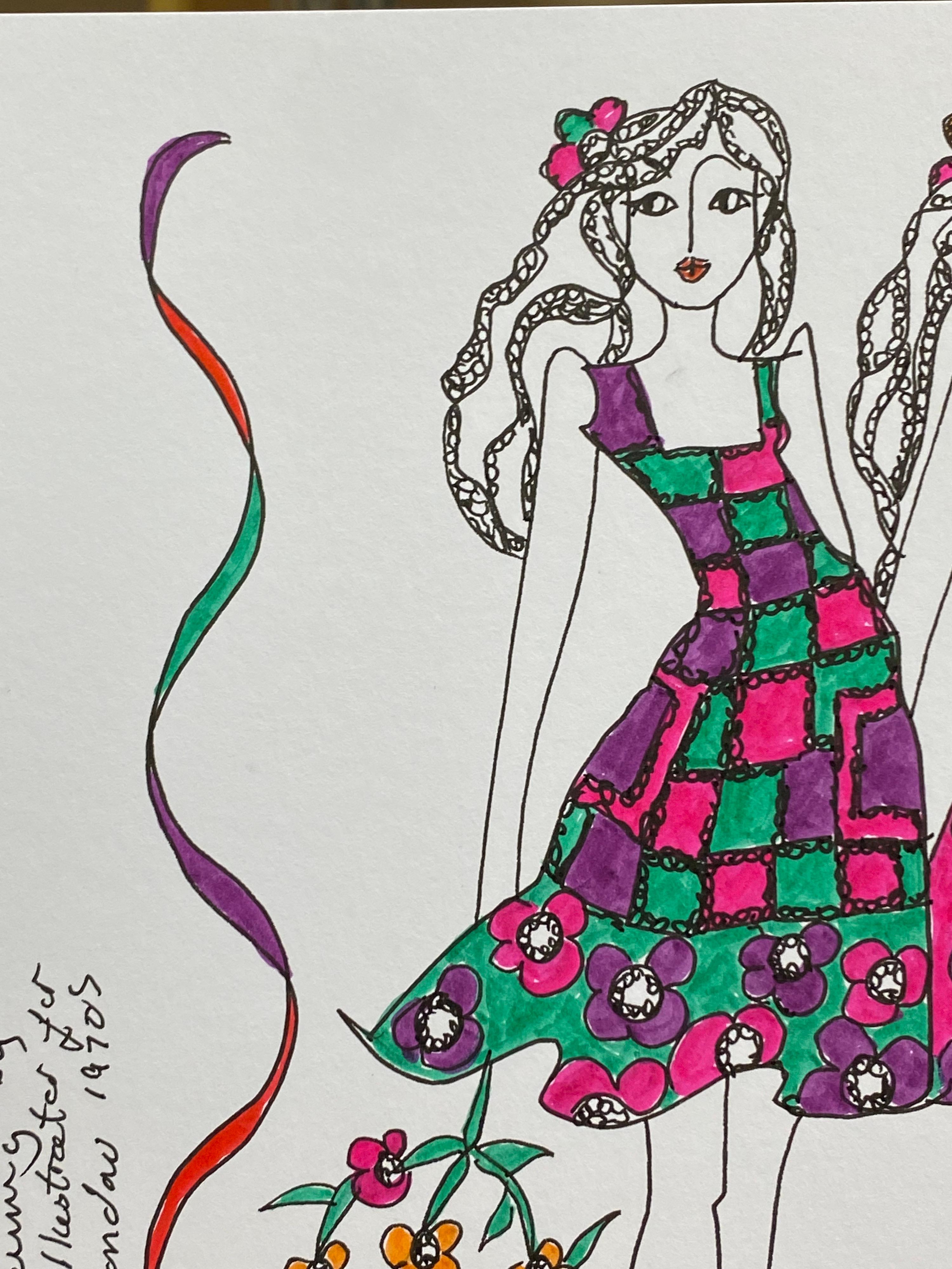 Original Fashion Design Illustration Watercolor Painting Laura Ashley Designer - Gray Figurative Painting by Roz Jennings
