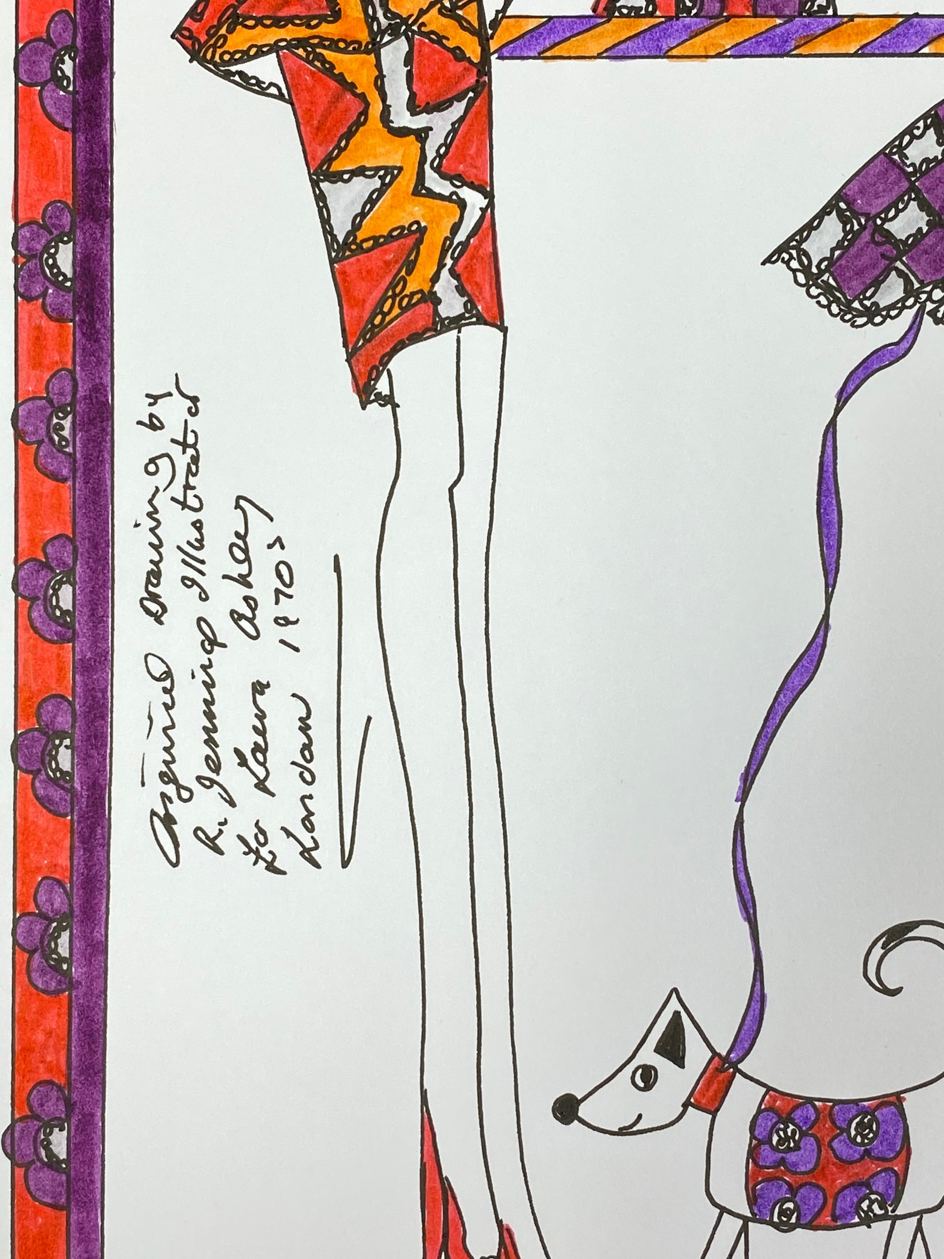 Original Fashion Design Illustration
by Roz Jennings, British
watercolor and ink on card, unframed
size: 12 x 8.25 inches
condition: very good

A beautifully colorful and characterful original artwork by British fashion designer, Roz Jennings. We