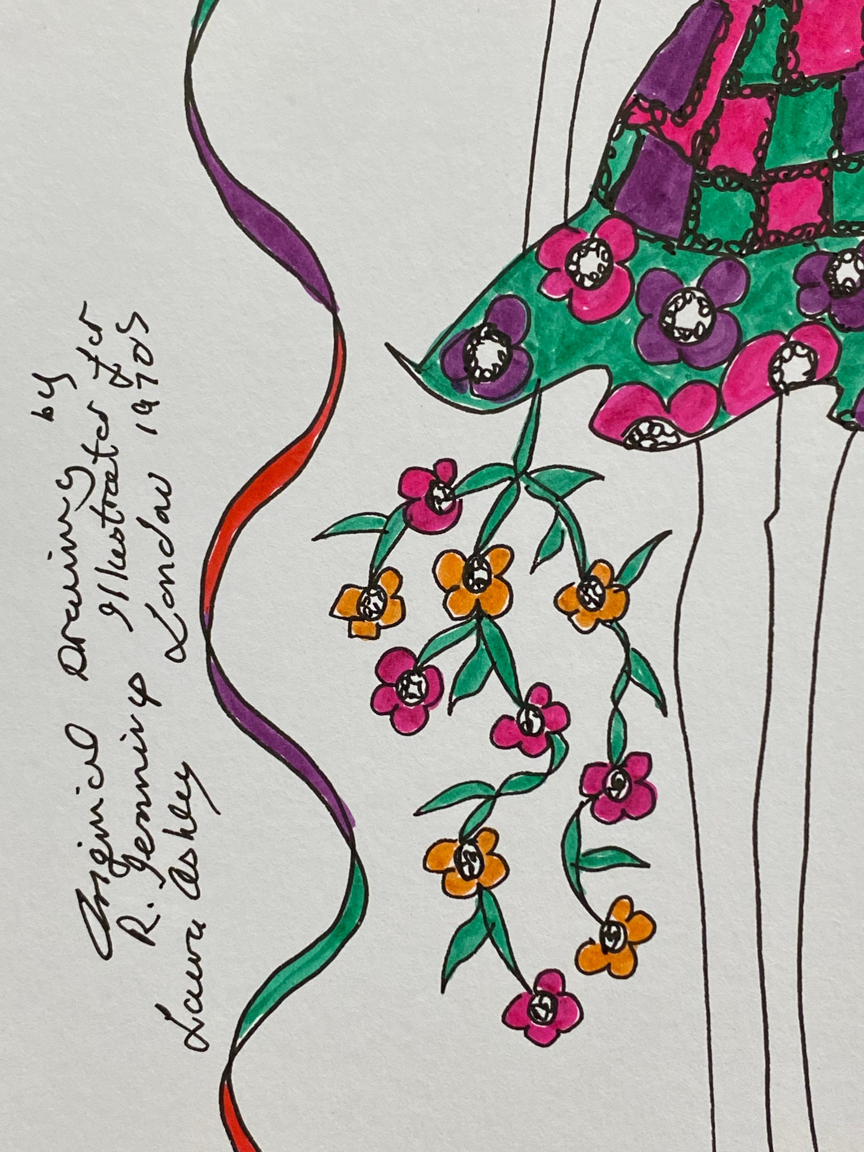Original Fashion Design Illustration
by Roz Jennings, British
watercolor and ink on card, unframed
size: 12 x 8.25 inches
condition: very good

A beautifully colorful and characterful original artwork by British fashion designer, Roz Jennings. We
