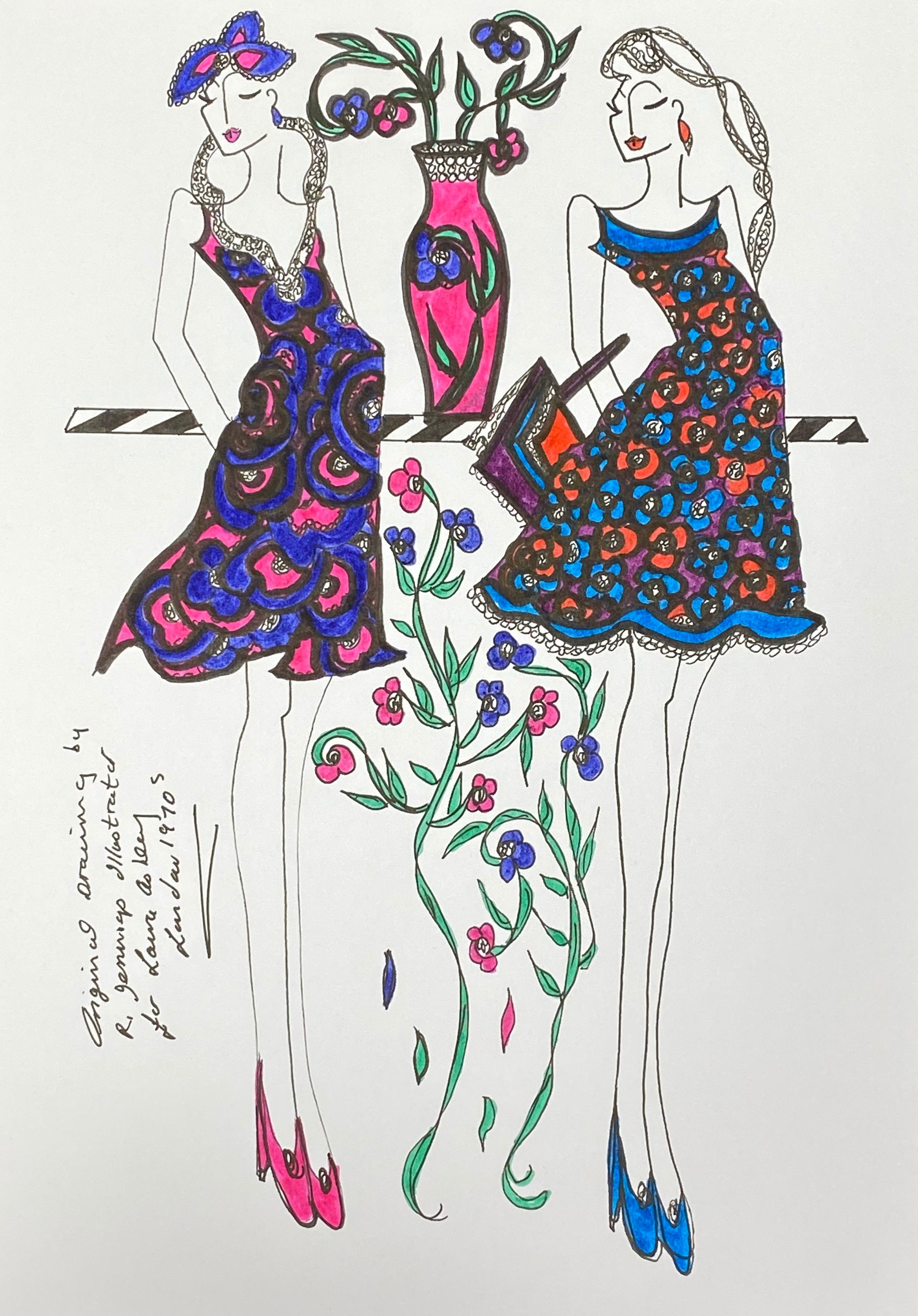 Roz Jennings Figurative Art - Original Fashion Design Illustration Watercolor Painting Laura Ashley Designer