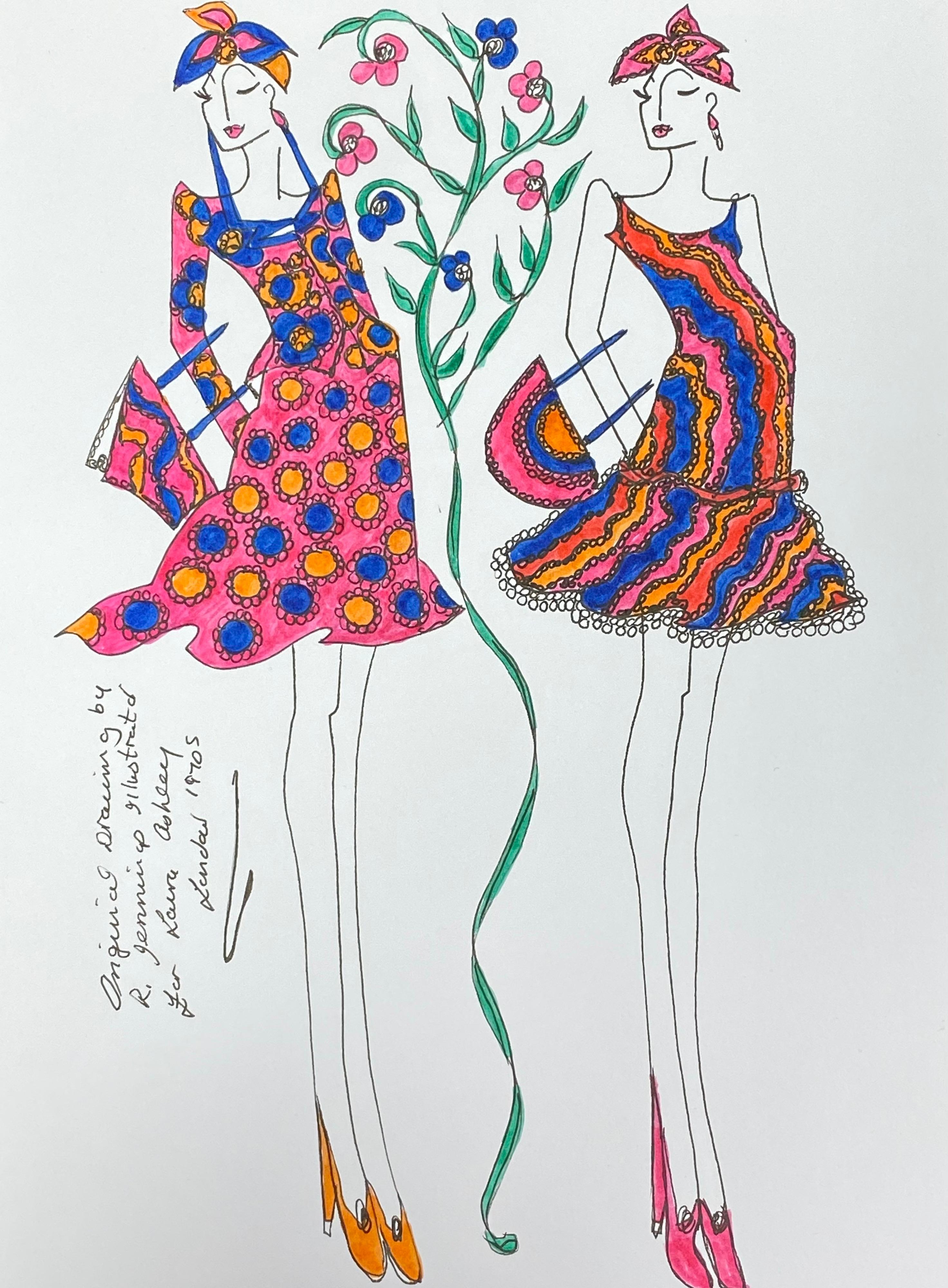 Roz Jennings Figurative Painting - Original Fashion Design Illustration Watercolor Painting Laura Ashley Designer