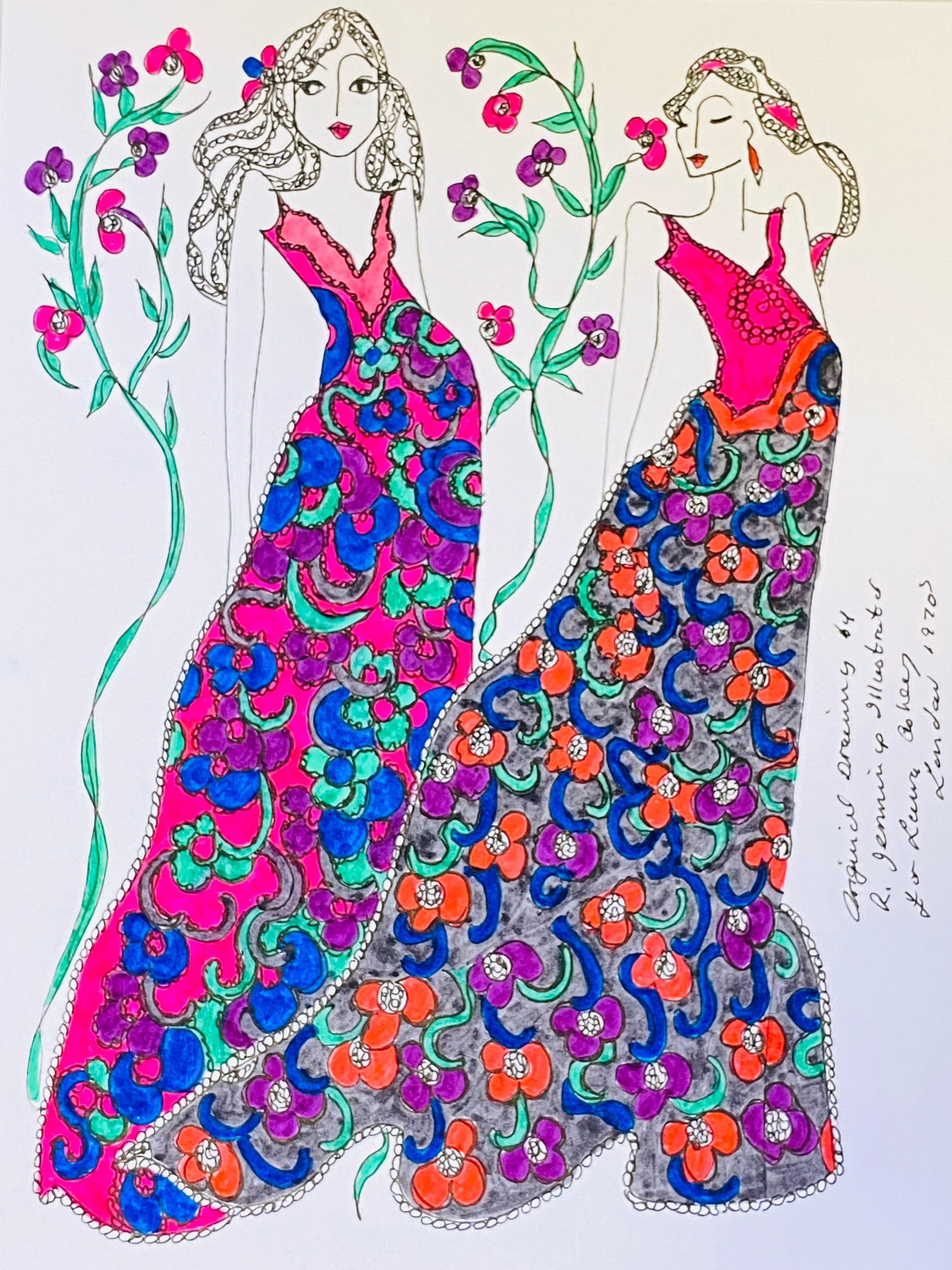 Roz Jennings Figurative Art - Original Fashion Design Illustration Watercolor Painting Laura Ashley Designer