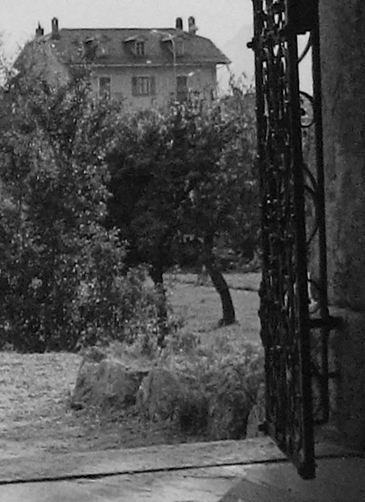 Photographie en noir et blanc des années 1960 de la porte romaine et de l'herbe italienne avec château 1