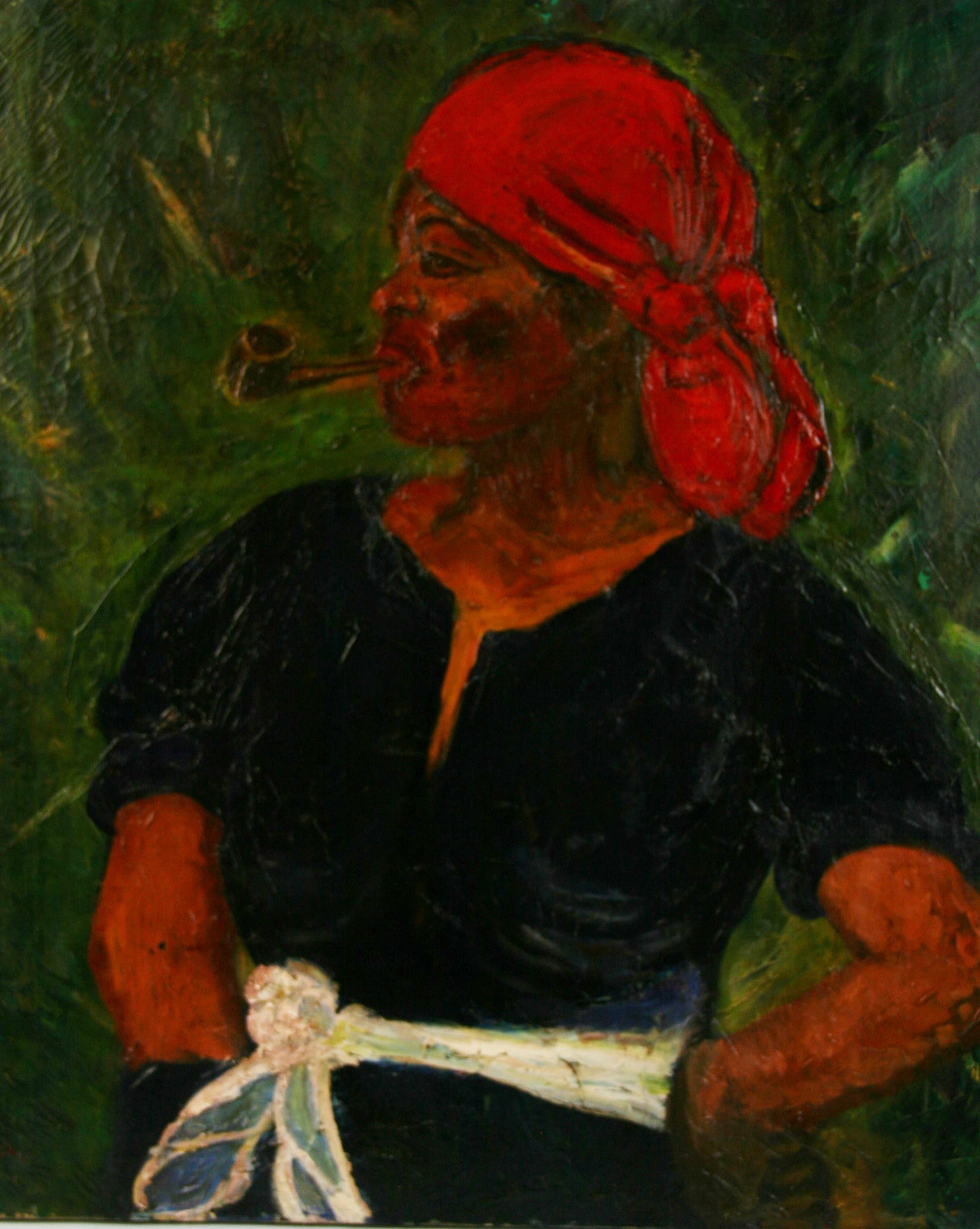 Peinture à l'huile Folk Art Mountain Lady  1960 - Painting de Roz Sheiffer