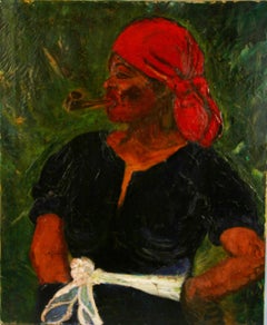 Peinture à l'huile Folk Art Mountain Lady  1960