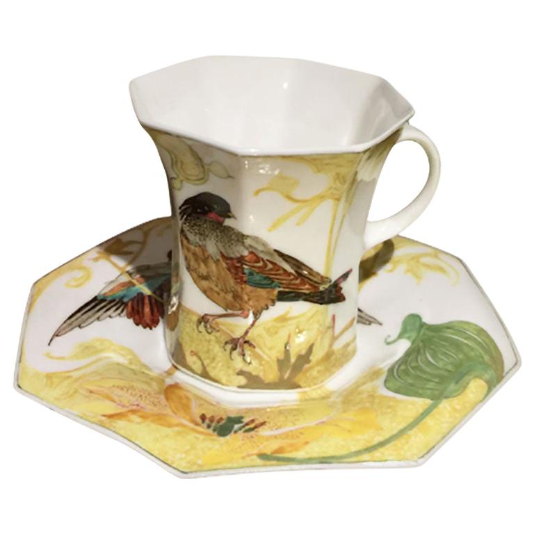 Rozenburg Egg-Shell Cup and Saucer with Bird and Floral Decor, 1913