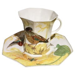 Antique Rozenburg Egg-Shell Cup and Saucer with Bird and Floral Decor, 1913