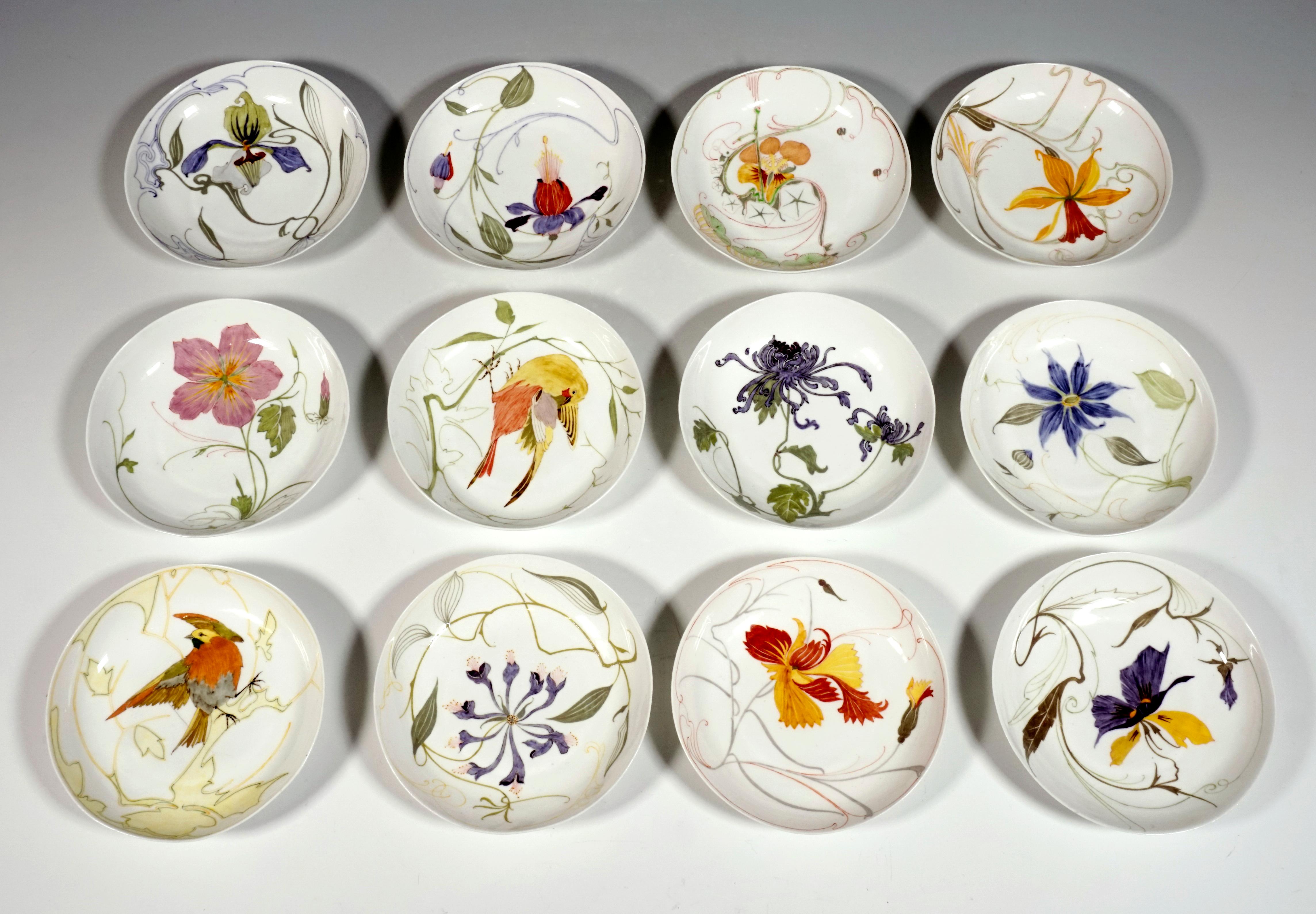 Painted Rozenburg Eggshell Porcelain, 12 Cups with Saucer, Samuel Schellink, circa 1907