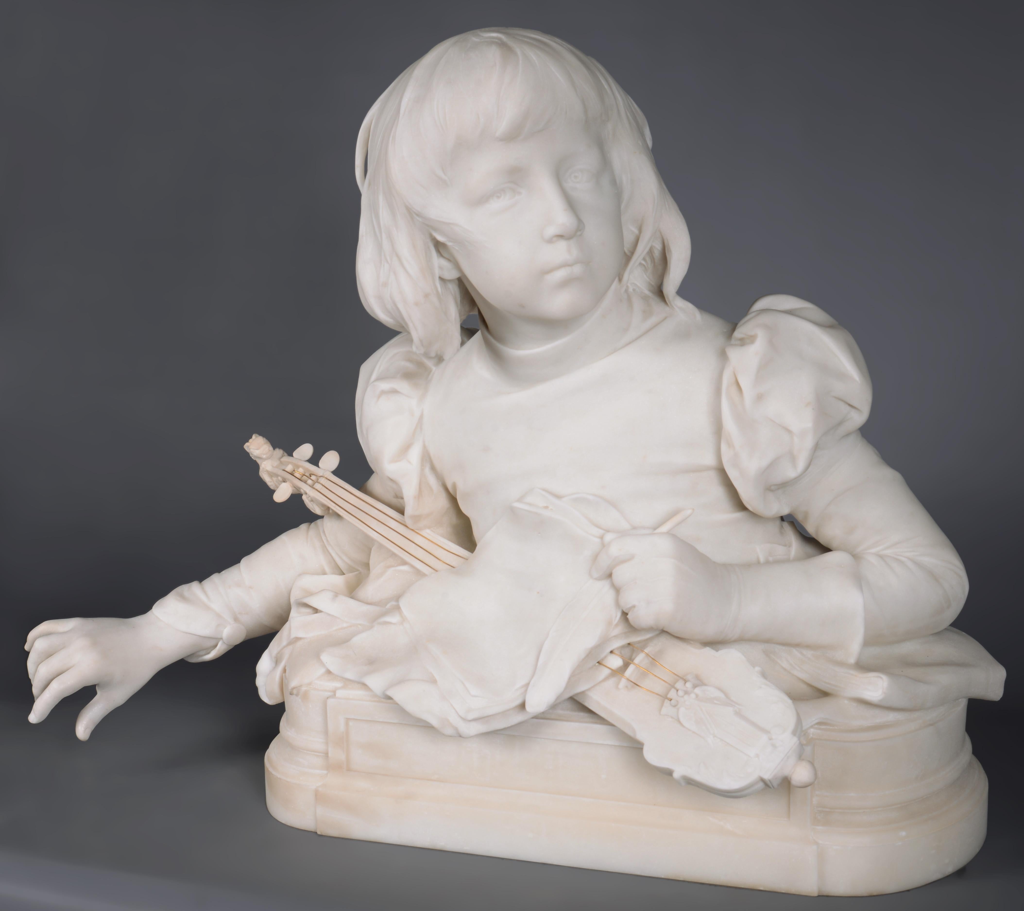 This statuary marble sculpture was made in the last decades of the 19th century by the French sculptor René Rozet. He is mastering in sculpted bust portraits when he designs this very fine marble sculpture of a young musician. His haircut and outfit