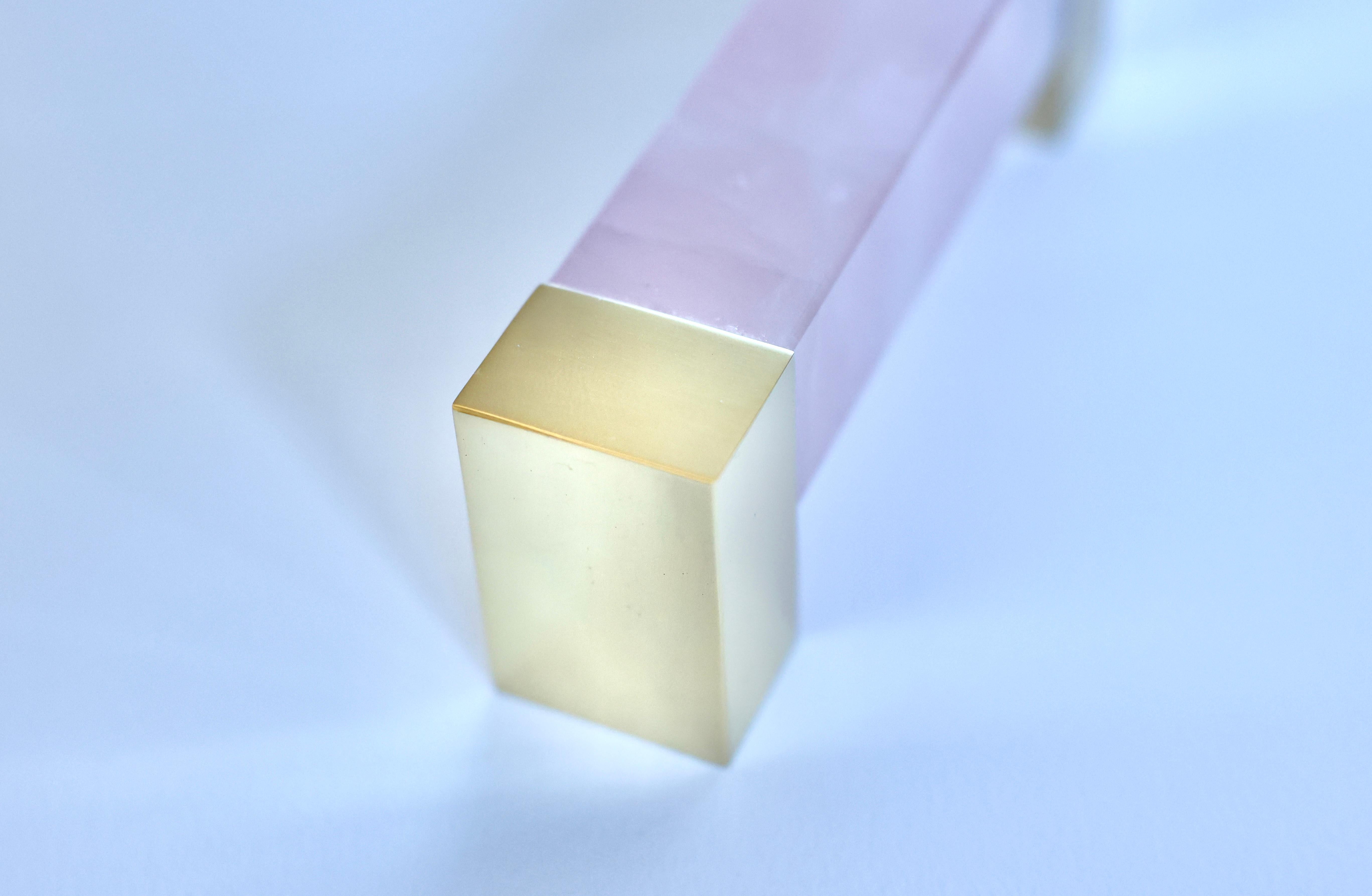 Natural rose quartz rock crystal handle with polished brass finish. Created by Phoenix Gallery, NYC. 

Custom size, metal finish, and quantity available upon request. Please message for availability and lead time. 
