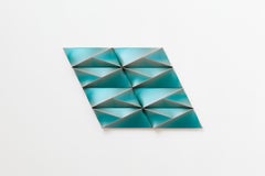 Geometric artwork on canvas by Árpád Forgó 54 x 92 x 6 cm bronze and turquoise