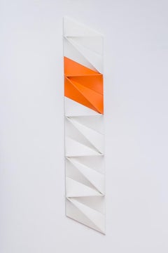 Geometric artwork on shaped canvas by Árpád Forgó 168 x 30 x 4 cm white orange