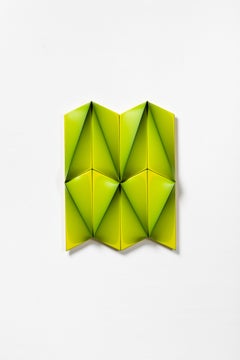 Geometric artwork on shaped canvas by Árpád Forgó  74 x 54 x 6 cm yellow green