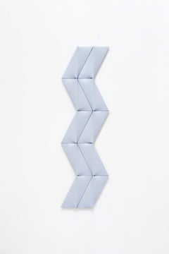 Light blue geometric artwork on canvas by Árpád Forgó 150 x 45 x 6 cm