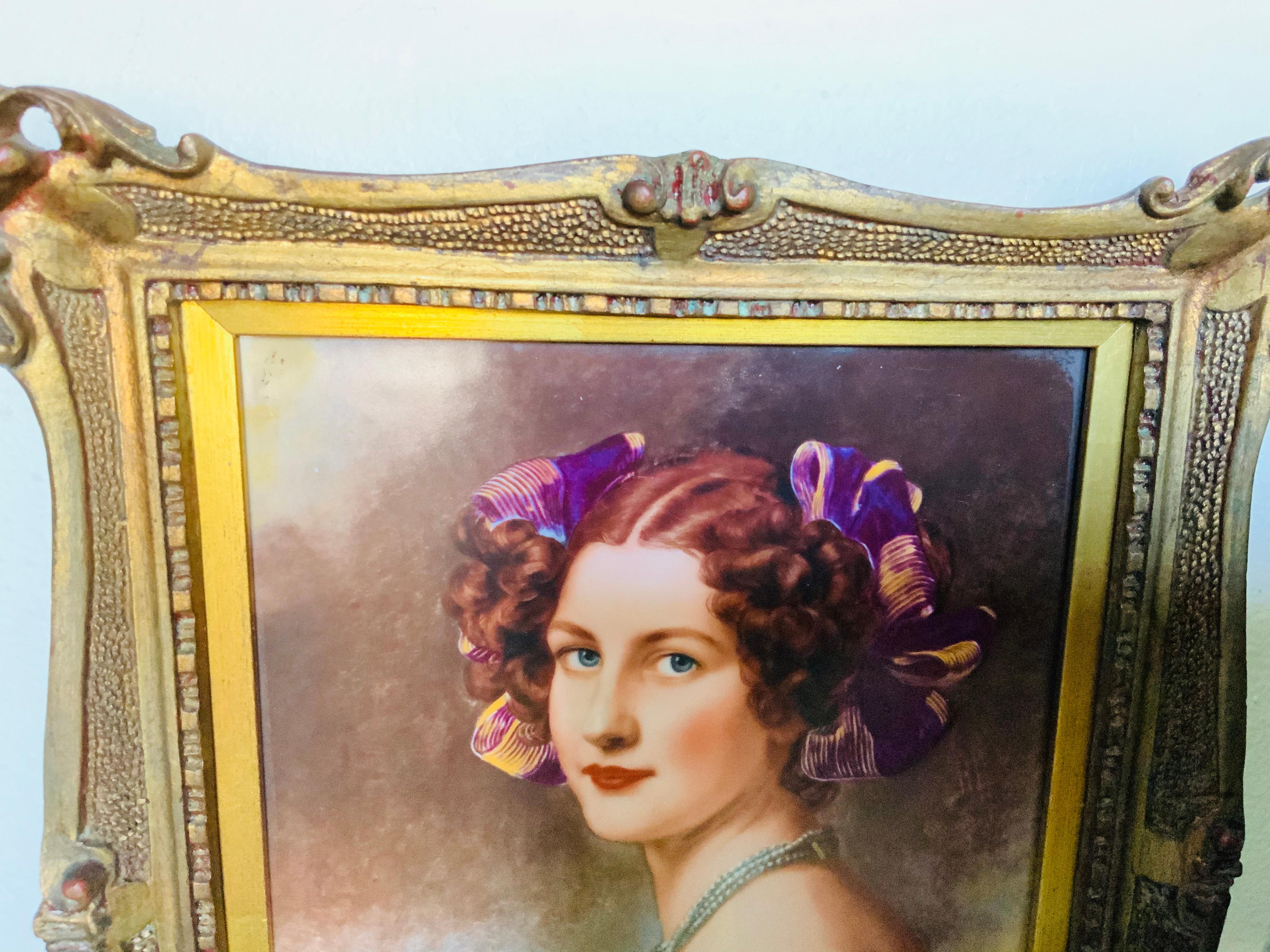 This is a Robert Persch Porcelain factories Mildeneichen & Raspenau (R.P.M.) transfer print plaque of Auguste Hiller (Strobl). She was a German beauty of the 19th century, the daughter of a royal chief accountant. She was admired by King Ludwig I of