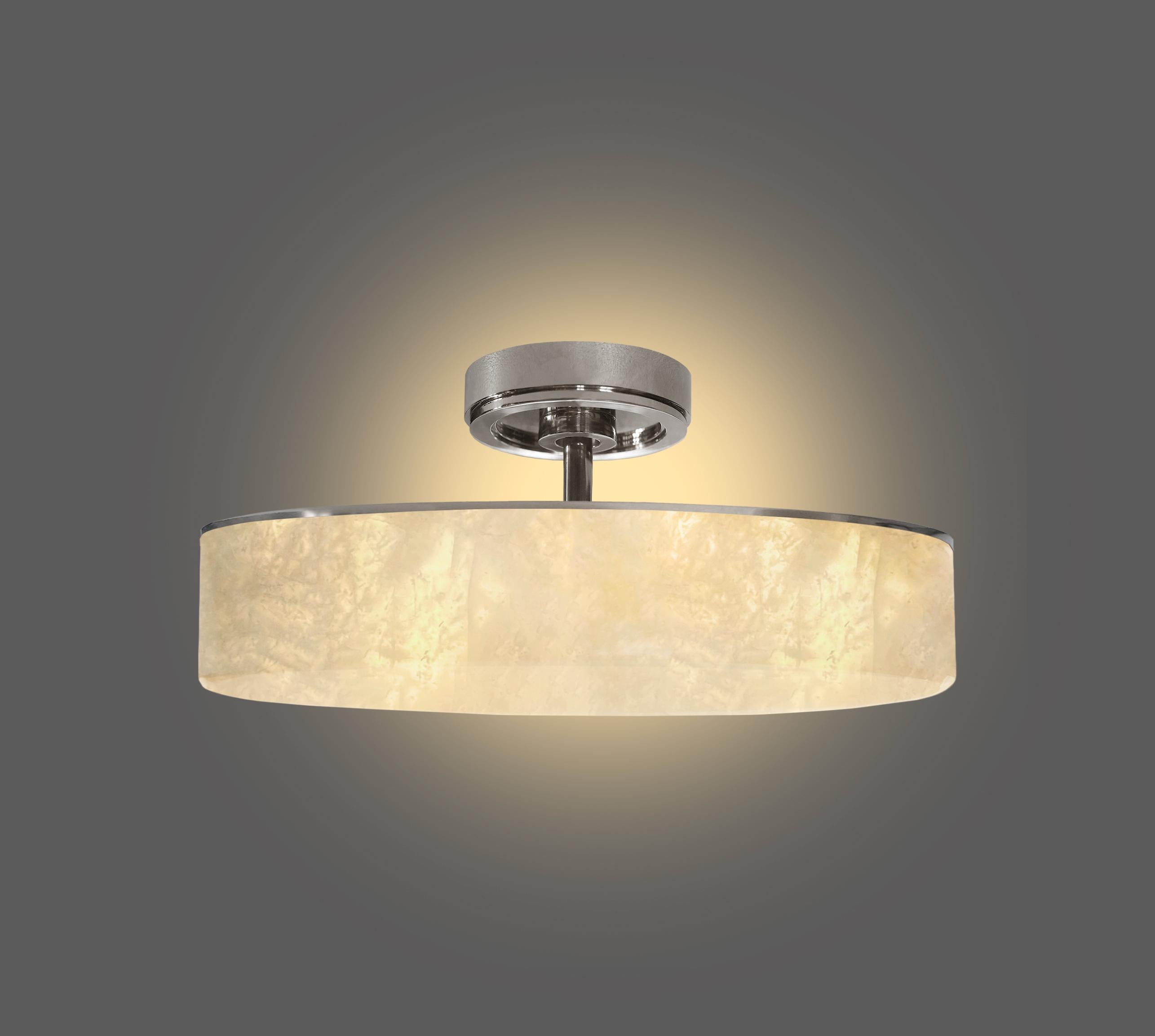 A rock crystal semi flush mount by Phoenix   Polished nickel finish.  Three E12 socket installed,180w total   Custom size and metal finish upon request