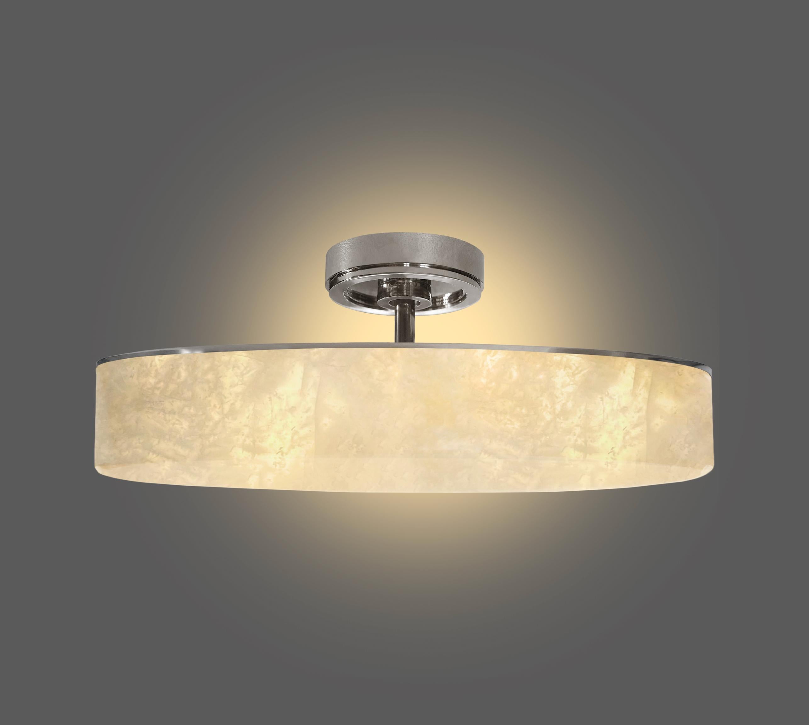 A rock crystal semi flush mount by Phoenix   Polished nickel finish.  Three E12 socket installed,180w total   Custom size and metal finish upon request
