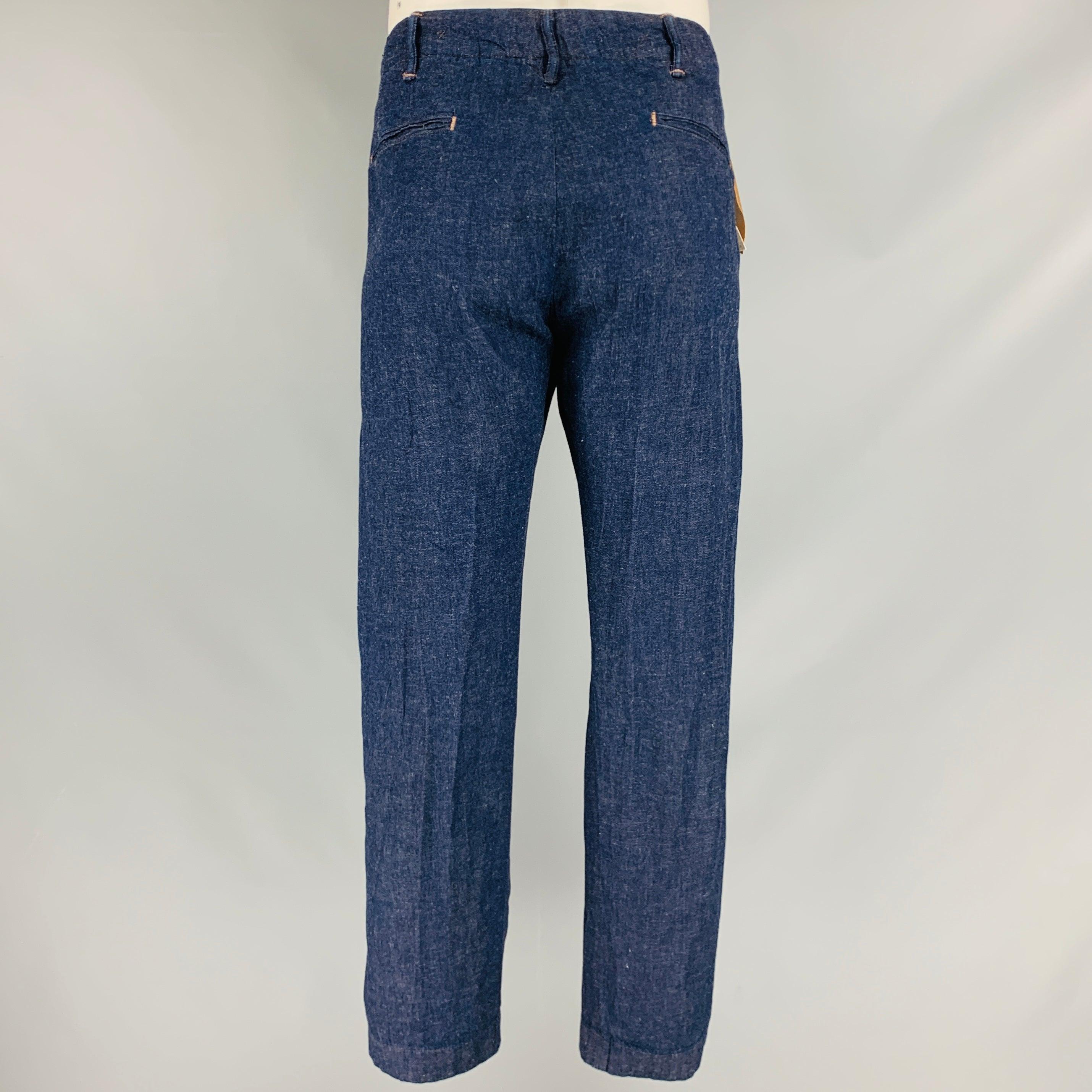 RRL by RALPH LAUREN Size 36 Indigo Cotton Linen Button Fly Casual Pants In Excellent Condition For Sale In San Francisco, CA
