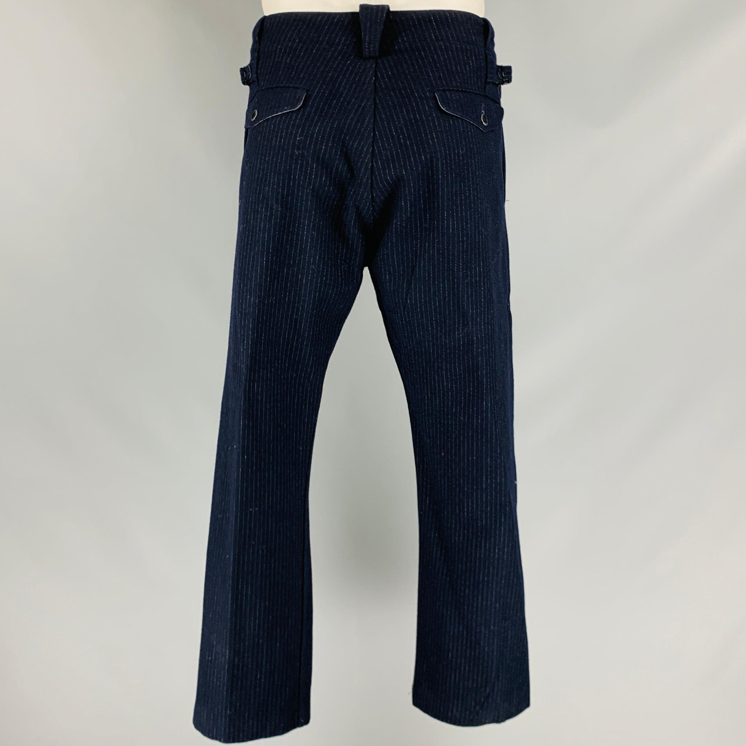 RRL by RALPH LAUREN Size 36 Navy Stripe Wool Blend Button Fly Dress Pants In Excellent Condition For Sale In San Francisco, CA