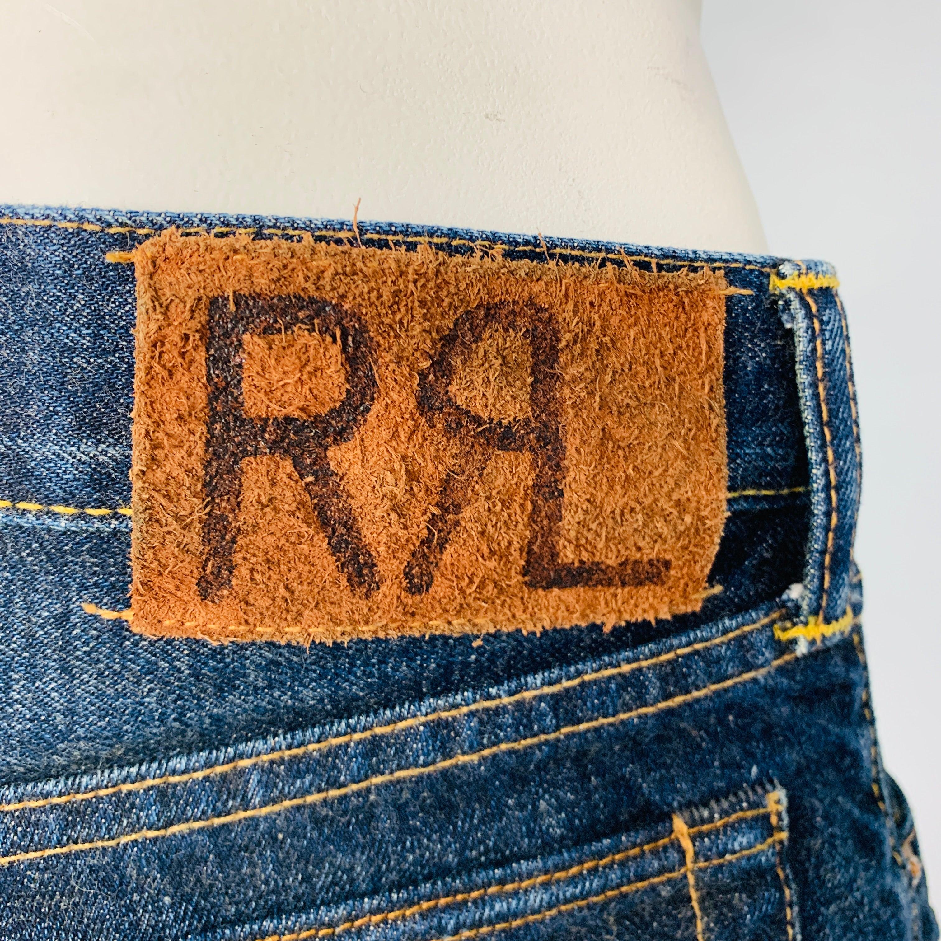 RRL by RALPH LAUREN Size 38 Indigo Contrast Stitch Selvedge Denim Jeans In Excellent Condition For Sale In San Francisco, CA