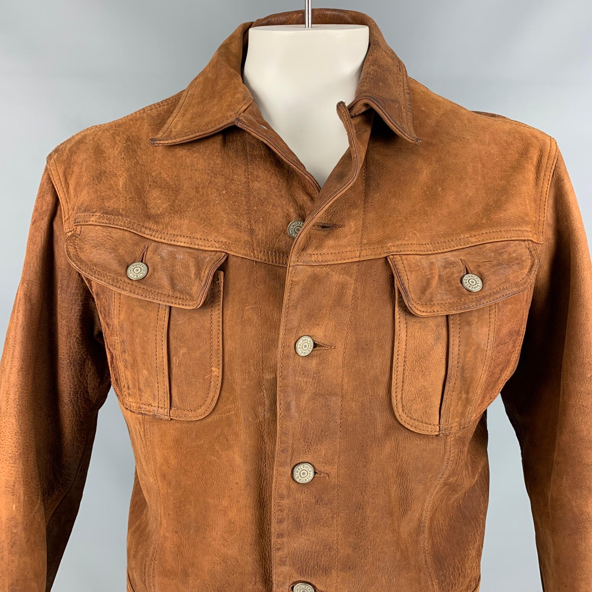 RRL by RALPH LAUREN jacket comes in a brown distressed leather with a full liner featuring a western style, front pockets, and a buttoned closure. 

Very Good Pre-Owned Condition.
Marked: L
Original Retail Price: $1,800.00

Measurements:

Shoulder: