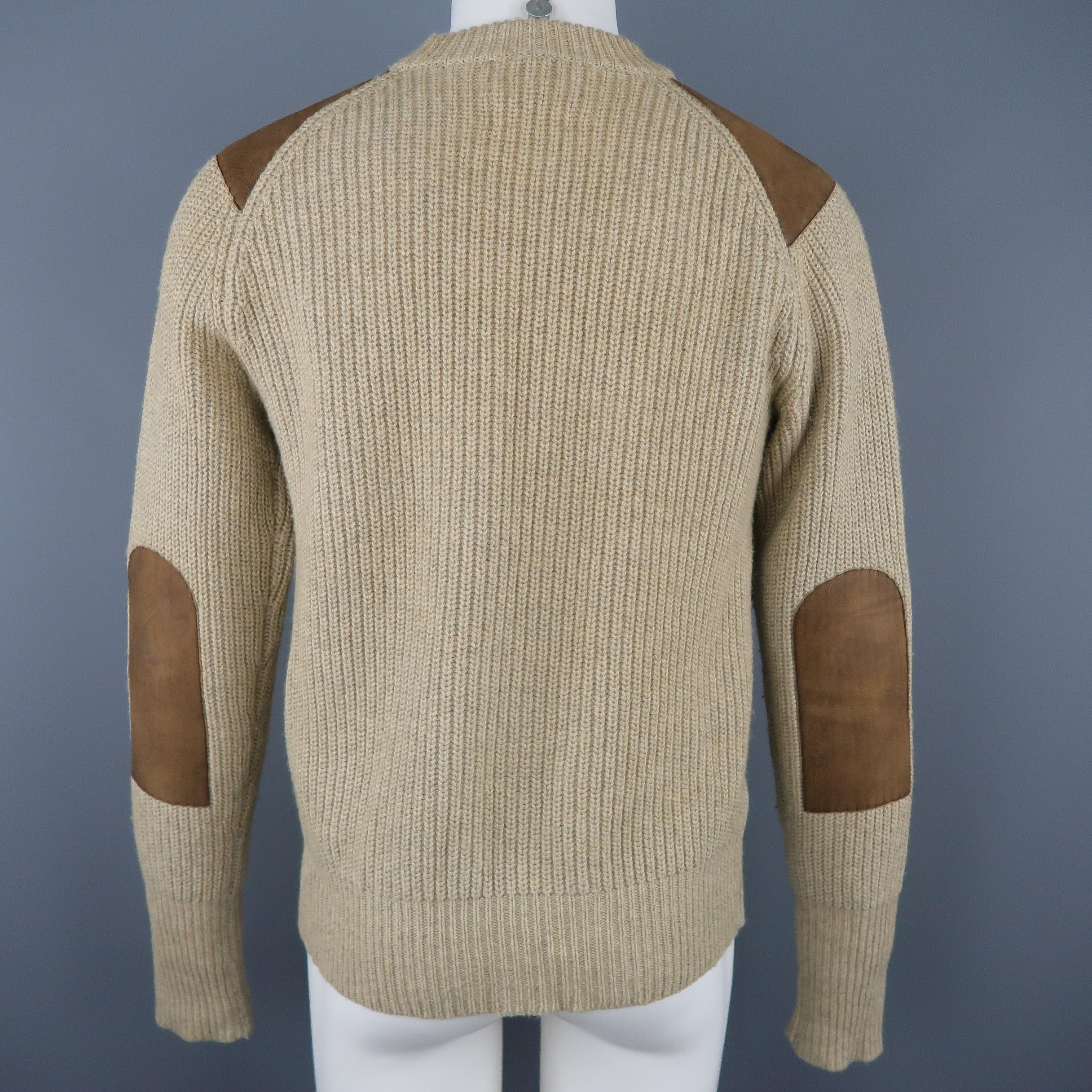 RRL by RALPH LAUREN Size M Beige Cotton Blend Brown Leather Patch Sweater In Excellent Condition In San Francisco, CA