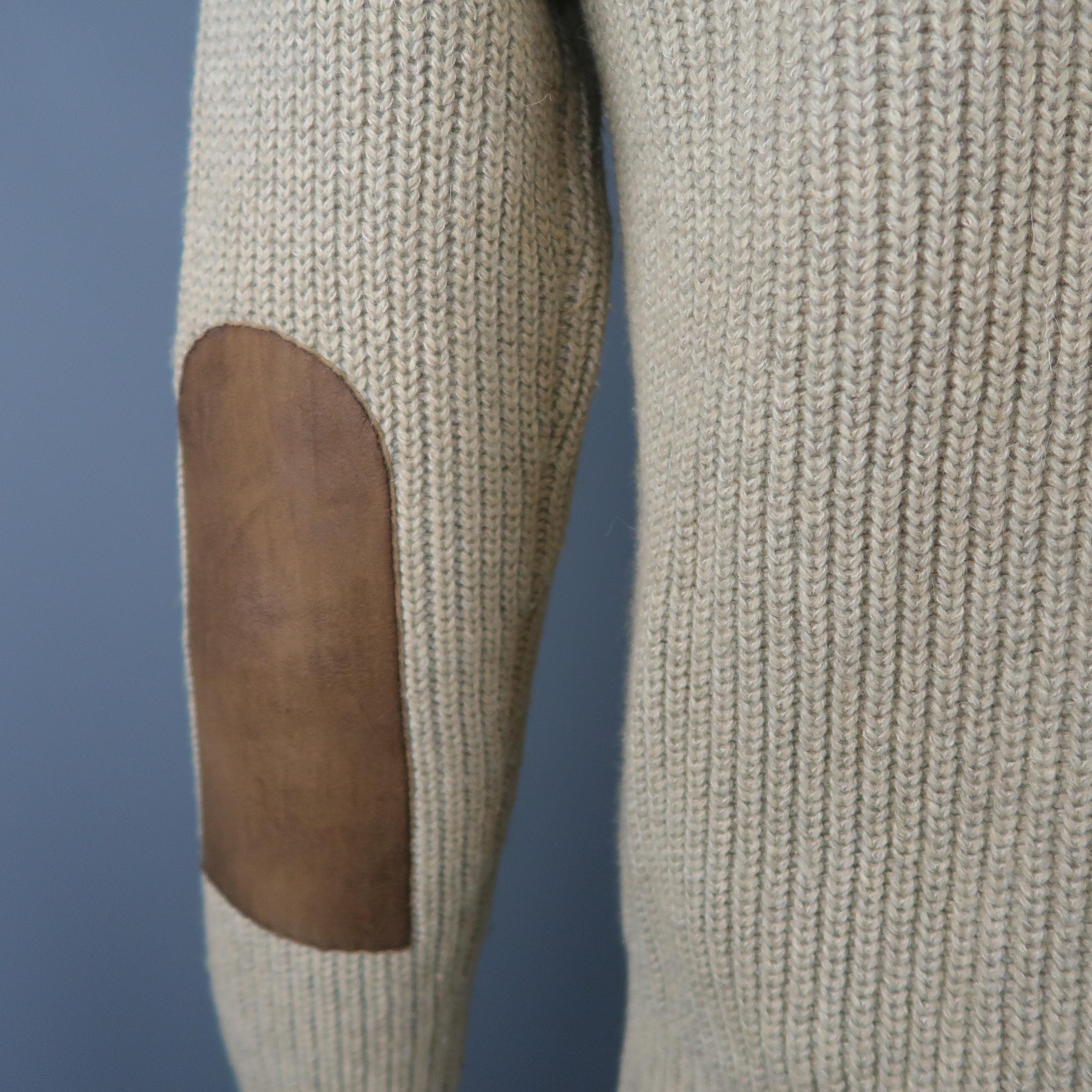Men's RRL by RALPH LAUREN Size M Beige Cotton Blend Brown Leather Patch Sweater