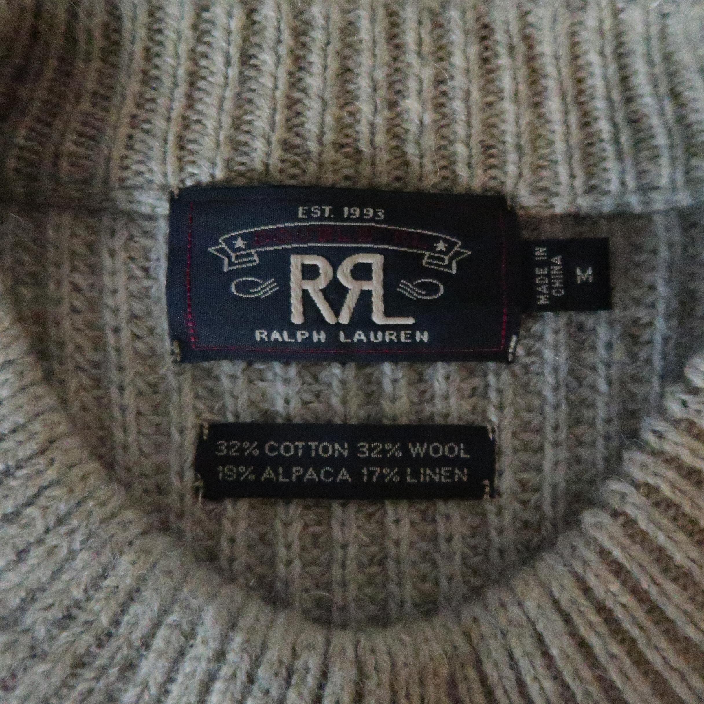 RRL by RALPH LAUREN Size M Beige Cotton Blend Brown Leather Patch Sweater 1