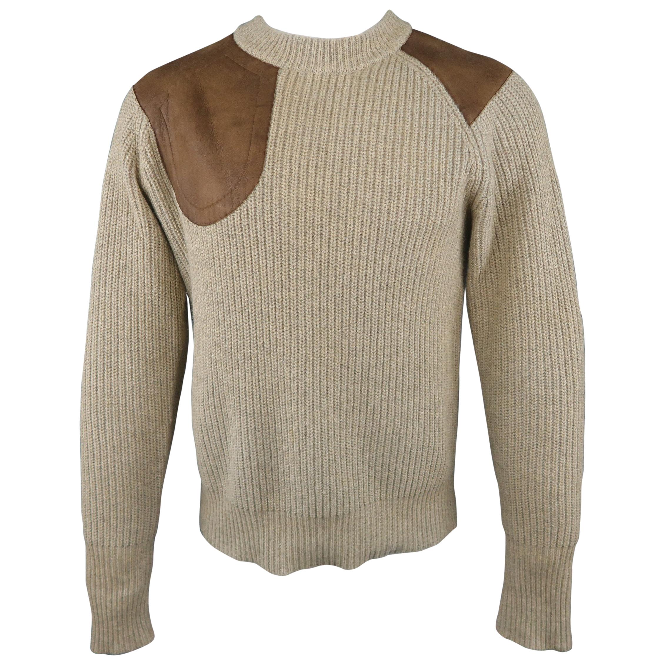 RRL by RALPH LAUREN Size M Beige Cotton Blend Brown Leather Patch Sweater  at 1stDibs