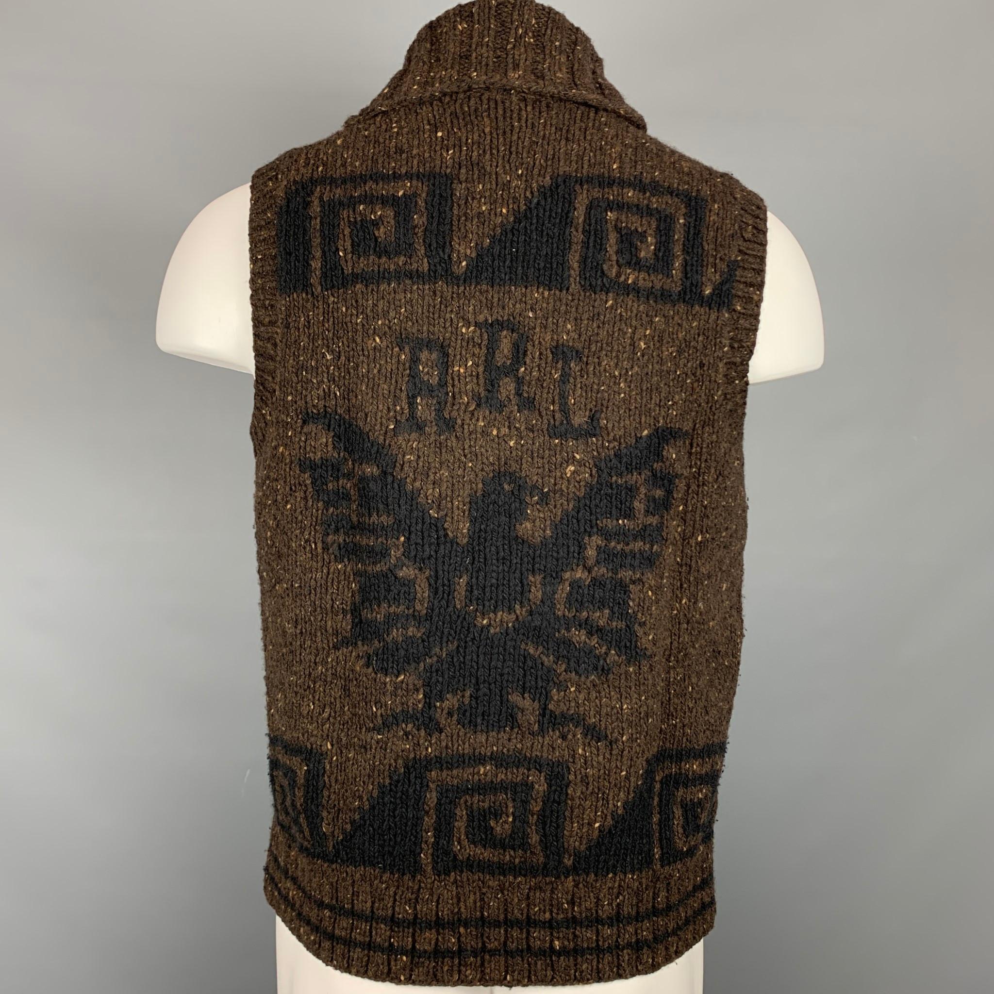 RRL by RALPH LAUREN vest comes in a brown & navy knitted wool blend featuring a wide collar, front pockets, and a full zip up closure. 

Very Good Pre-Owned Condition.
Marked: M

Measurements:

Shoulder: 14.5 in.
Chest: 42 in.
Length: 23.5 in. 