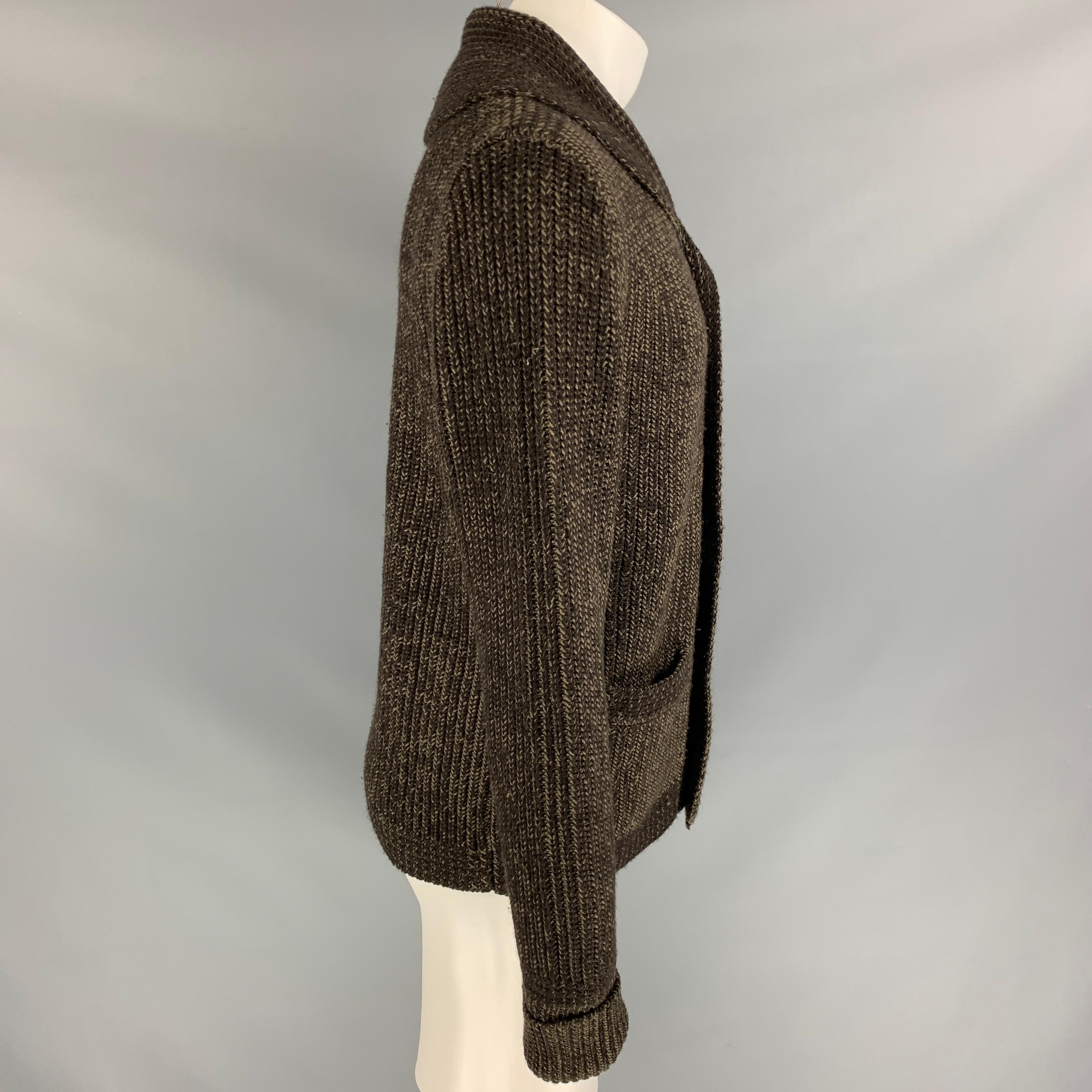 RRL by RALPH LAUREN jacket comes in a brown & olive knitted wool featuring a shawl collar, front pockets, and a buttoned closure. 

Very Good Pre-Owned Condition.
Marked: M

Measurements:

Shoulder: 18 in.
Chest: 42 in.
Sleeve: 30 in.
Length: 27 in. 