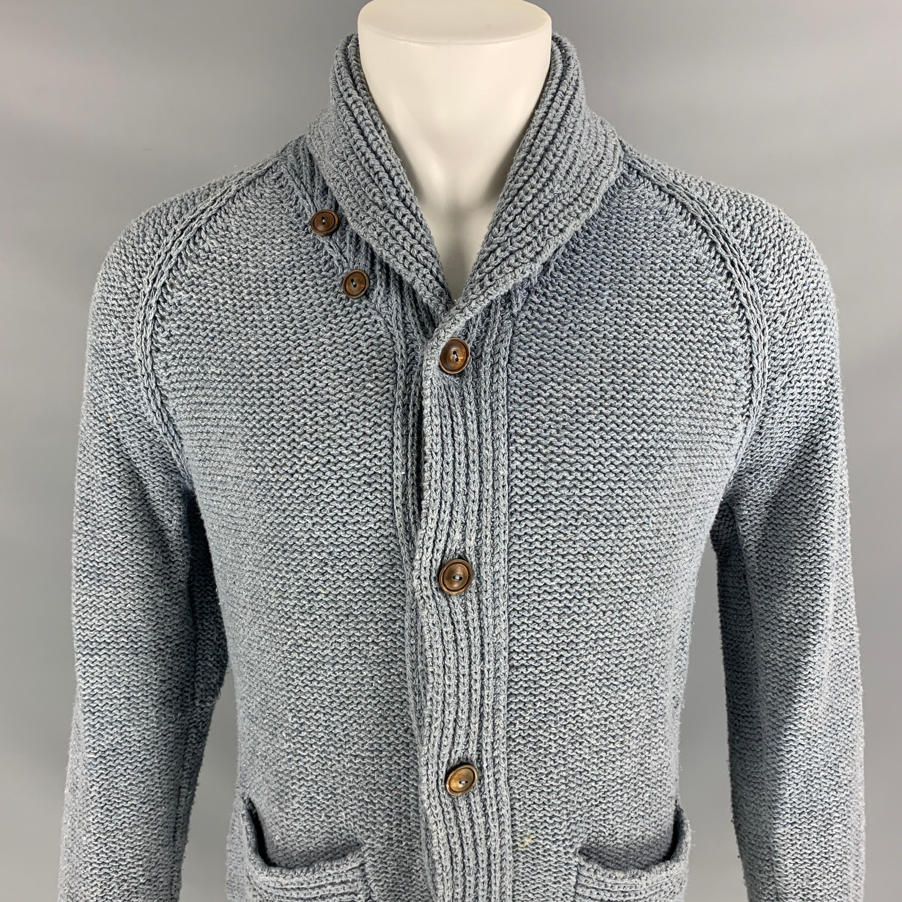 RRL by RALPH LAUREN jacket comes in a powder blue knitted cotton / polyester featuring a shawl collar, front pockets, and a buttoned closure. 

Very Good Pre-Owned Condition.
Marked: M

Measurements:

Shoulder: 17 in.
Chest: 40 in.
Sleeve: 23.5