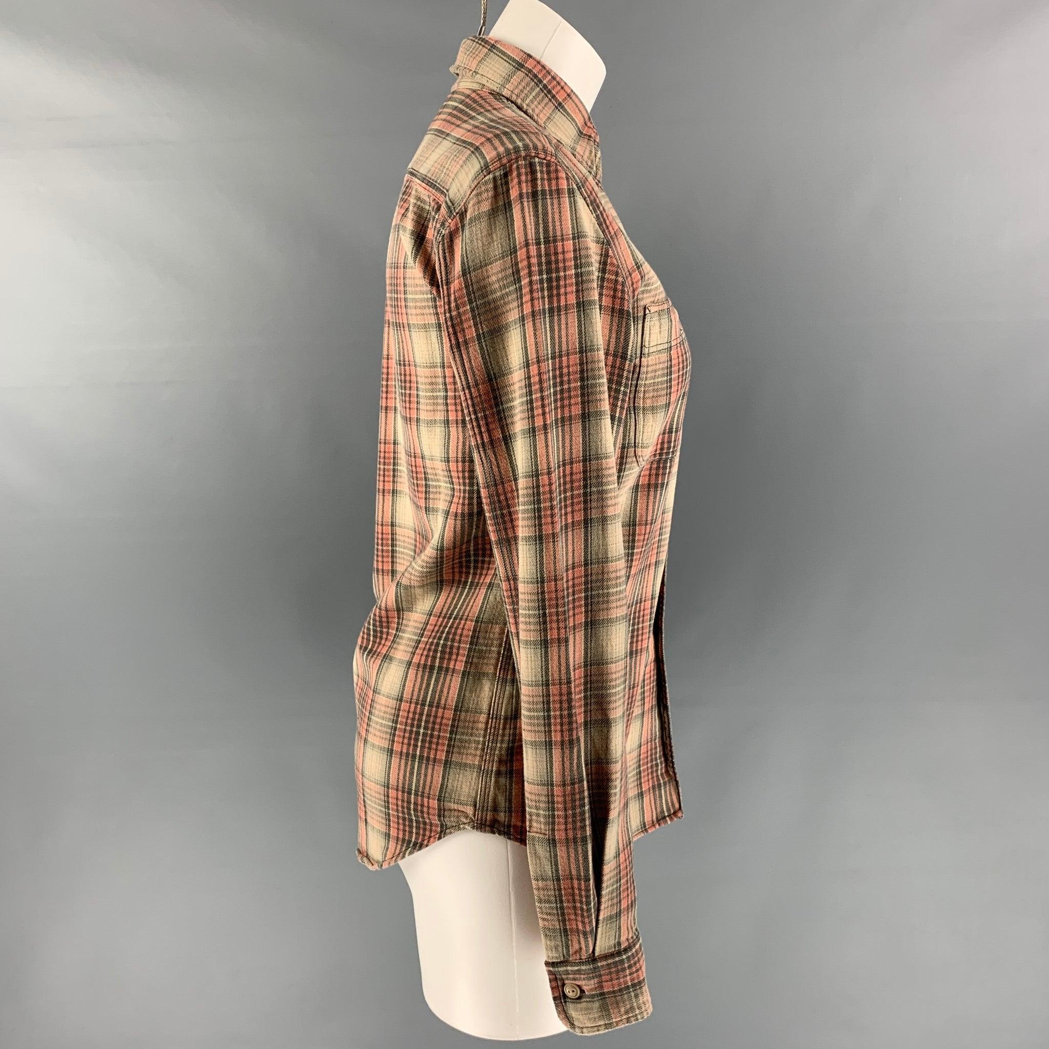 RRL by RALPH LAUREN long sleeves shirt comes in pink plaid cotton features a straight collar, two frontal patch pockets, and button down closure. Very Good Pre-Owned Condition. Minor wear. 
 

 Marked:  1 
 

 Measurements: 
  
 Shoulder: 15.5