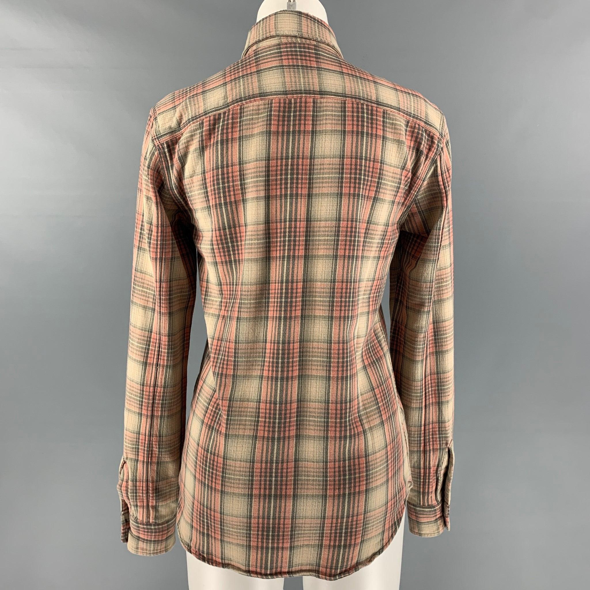 RRL by RALPH LAUREN Size S Pink Beige Cotton Plaid Blouse In Good Condition For Sale In San Francisco, CA