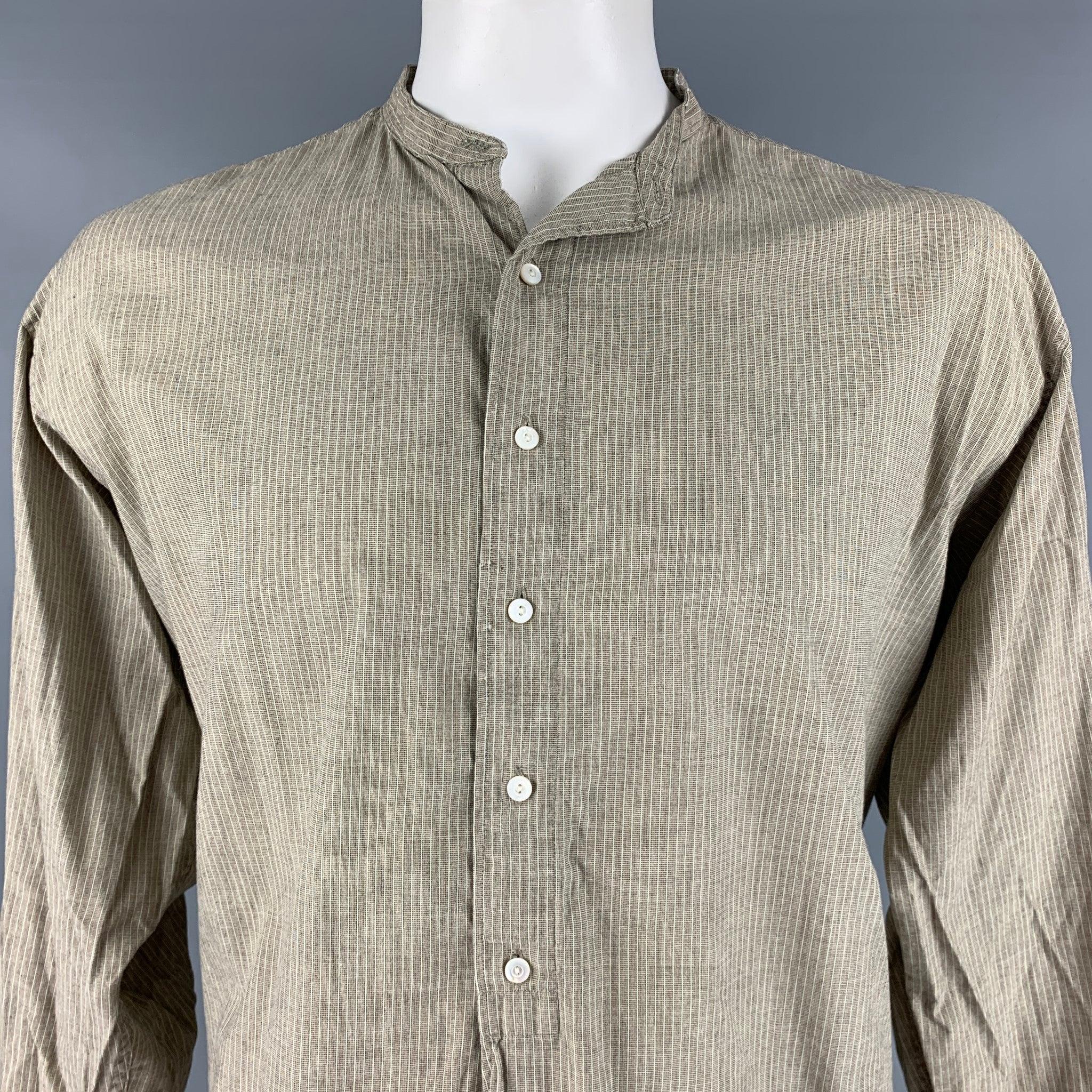 RRL by RALPH LAUREN
long sleeve shirt in a beige and taupe cotton fabric, featuring a vertical striped pattern, relaxed Nehru collar, and a long placket button closure.Good Pre-Owned Condition. Signs of wear near shoulder and buttons. 

Marked:   XL