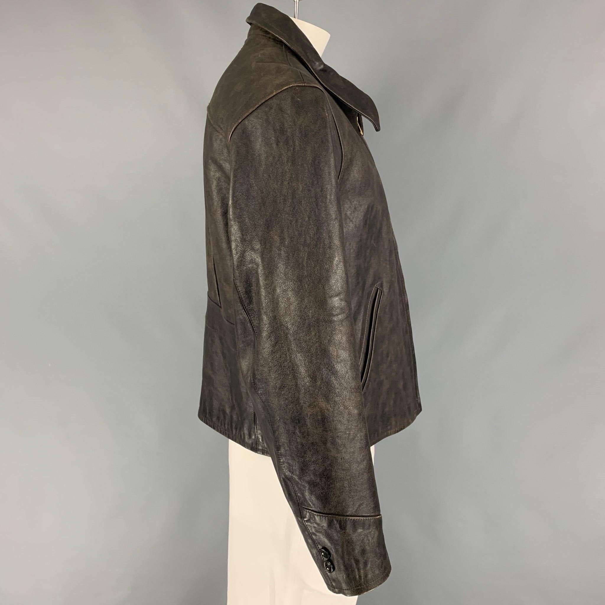 Black RRL by RALPH LAUREN Size XL Dark Brown Distressed Leather Bomber Jacket