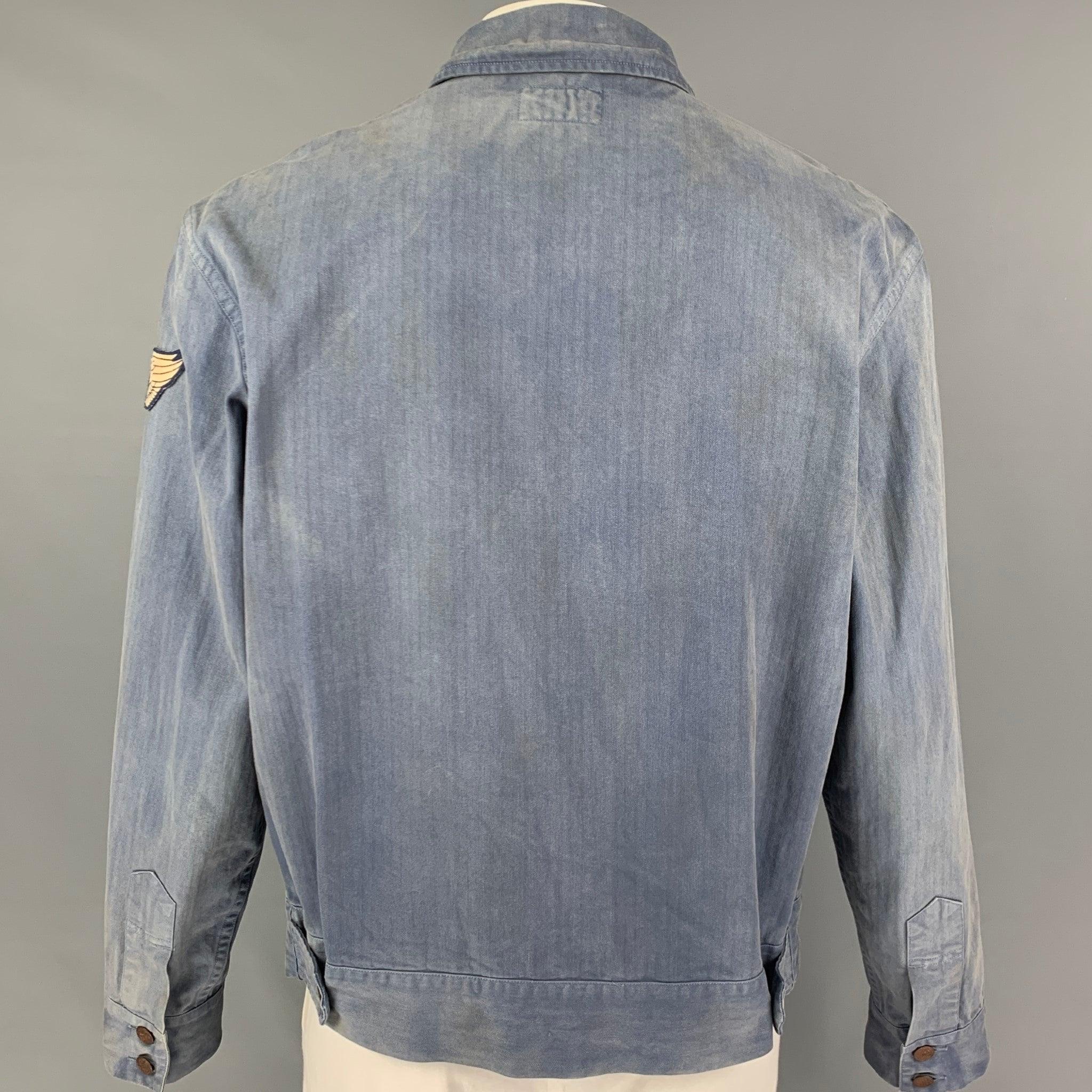 RRL by RALPH LAUREN Size XL Light Blue Washed Cotton Zip Up Jacket In Good Condition For Sale In San Francisco, CA