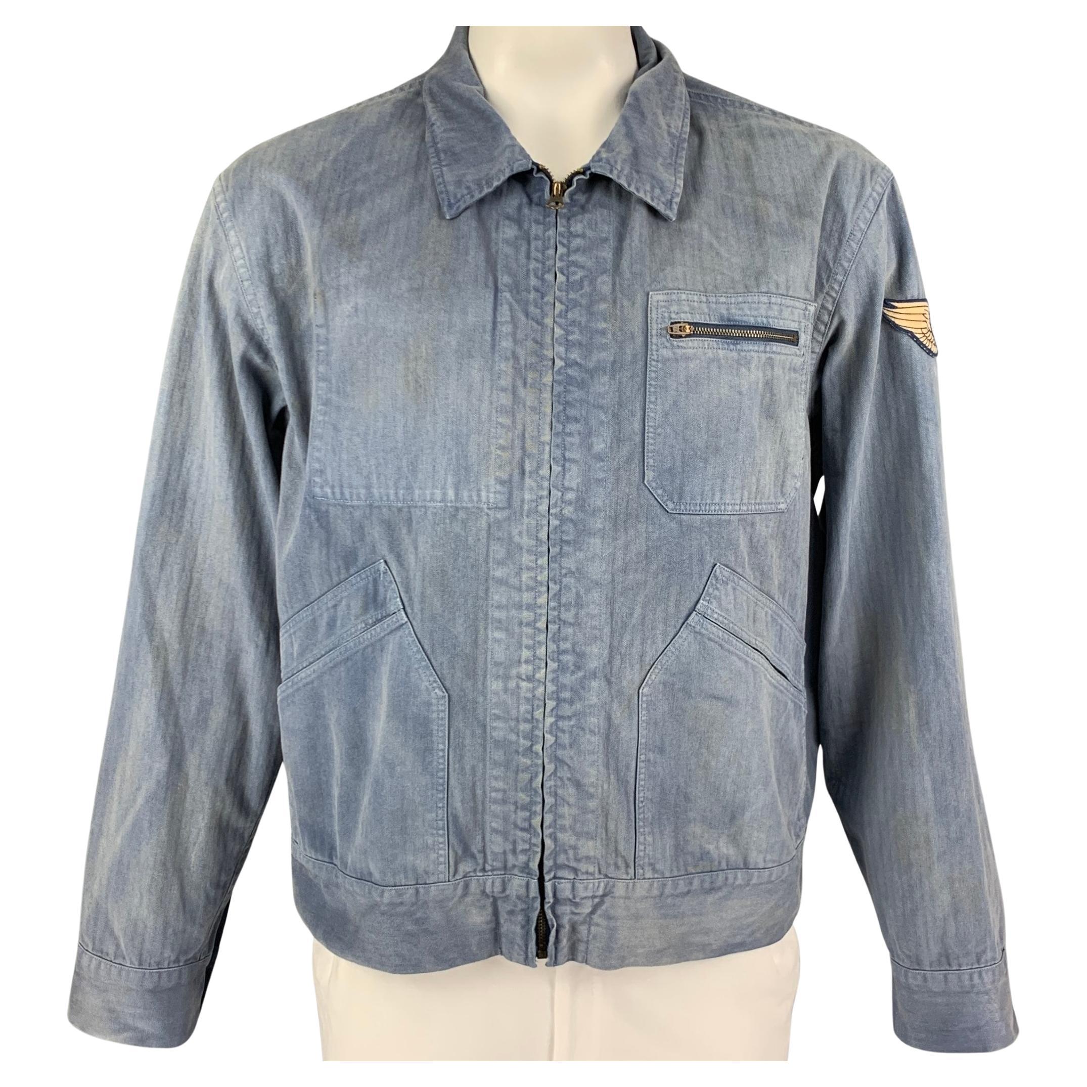 RRL by RALPH LAUREN Size XL Light Blue Washed Cotton Zip Up Jacket For Sale  at 1stDibs