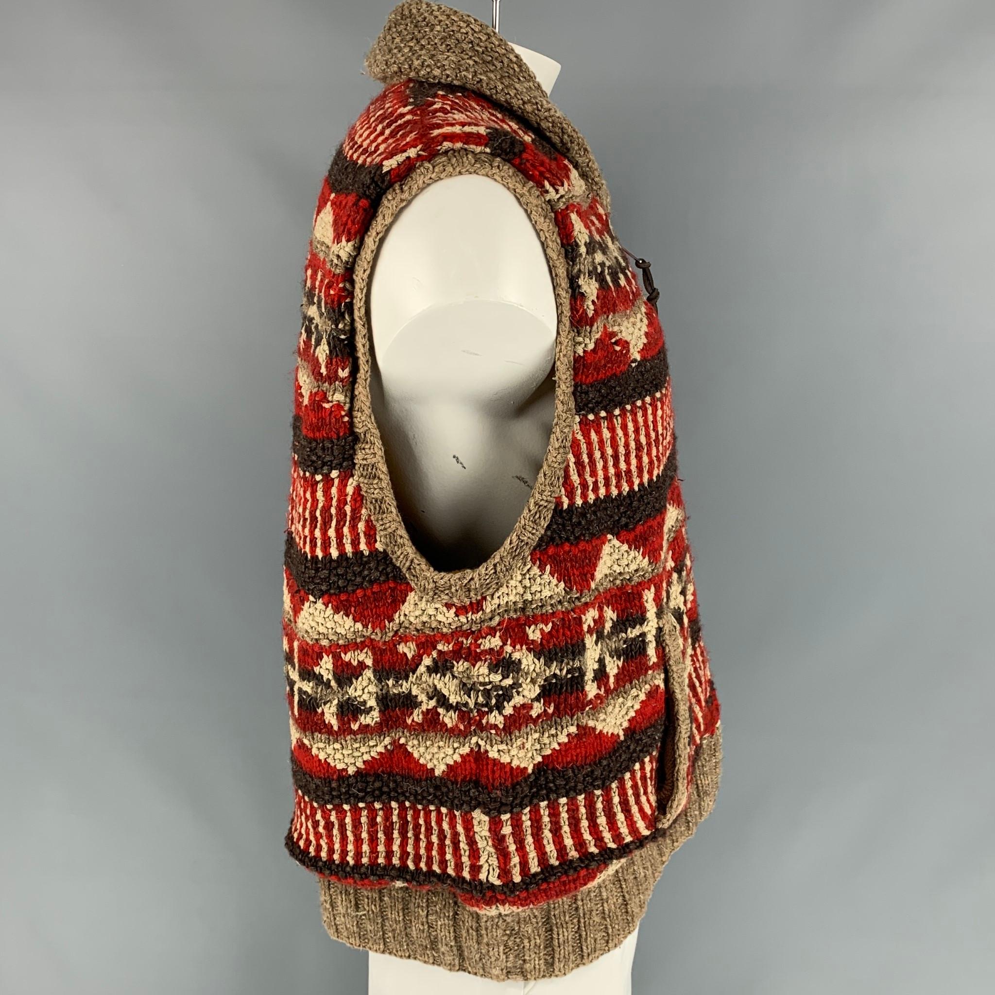 RRL by RALPH LAUREN vest comes in a red & tan hand knit linen blend featuring a shawl collar, slit pockets, and a full zip up closure. 

Very Good Pre-Owned Condition.
Marked: XXL

Measurements:

Shoulder: 18.5 in.
Chest: 48 in.
Length: 27.5 in. 