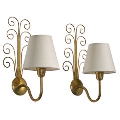 Røros, Wall Lights, Brass, Fabric, Norway, 1950s