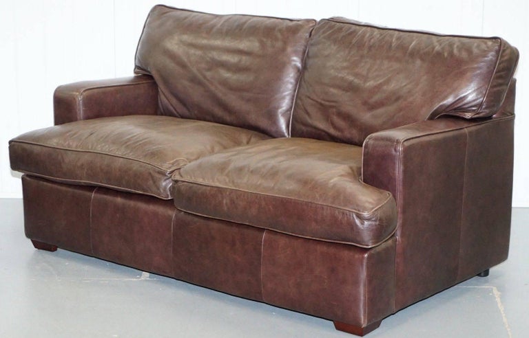 Laura Ashley Vintage Heritage Brown Leather Two Seat Sofa Compact Arms