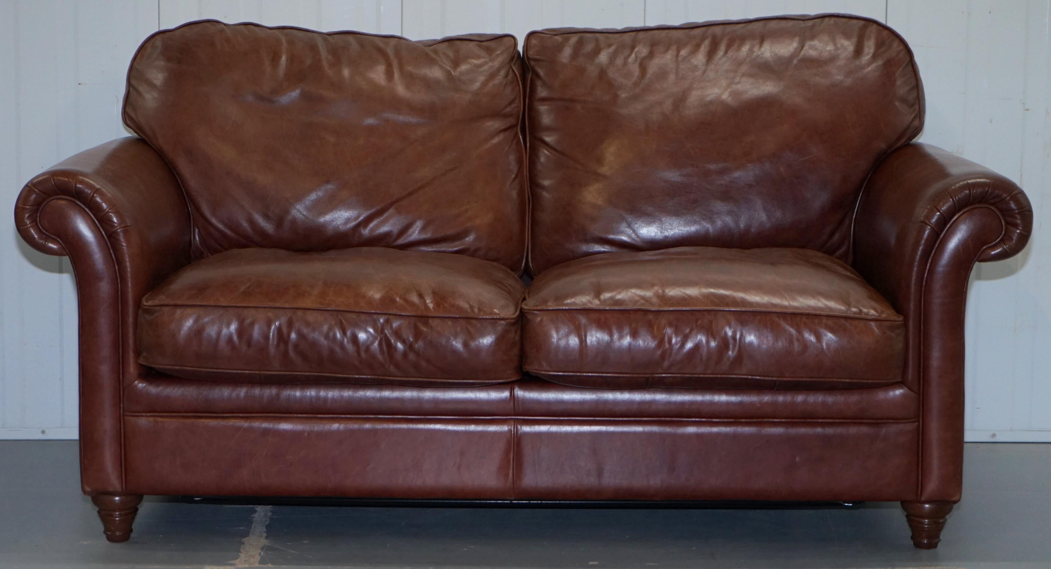 We are delighted to offer for sale this RRP £2850 Laura Ashley Mortimer 2 Heritage brown leather sofa bed

This is a rare find, the model as a sofa bed has now been discontinued, you can still buy the basic sofa for £2550 without the bed. This