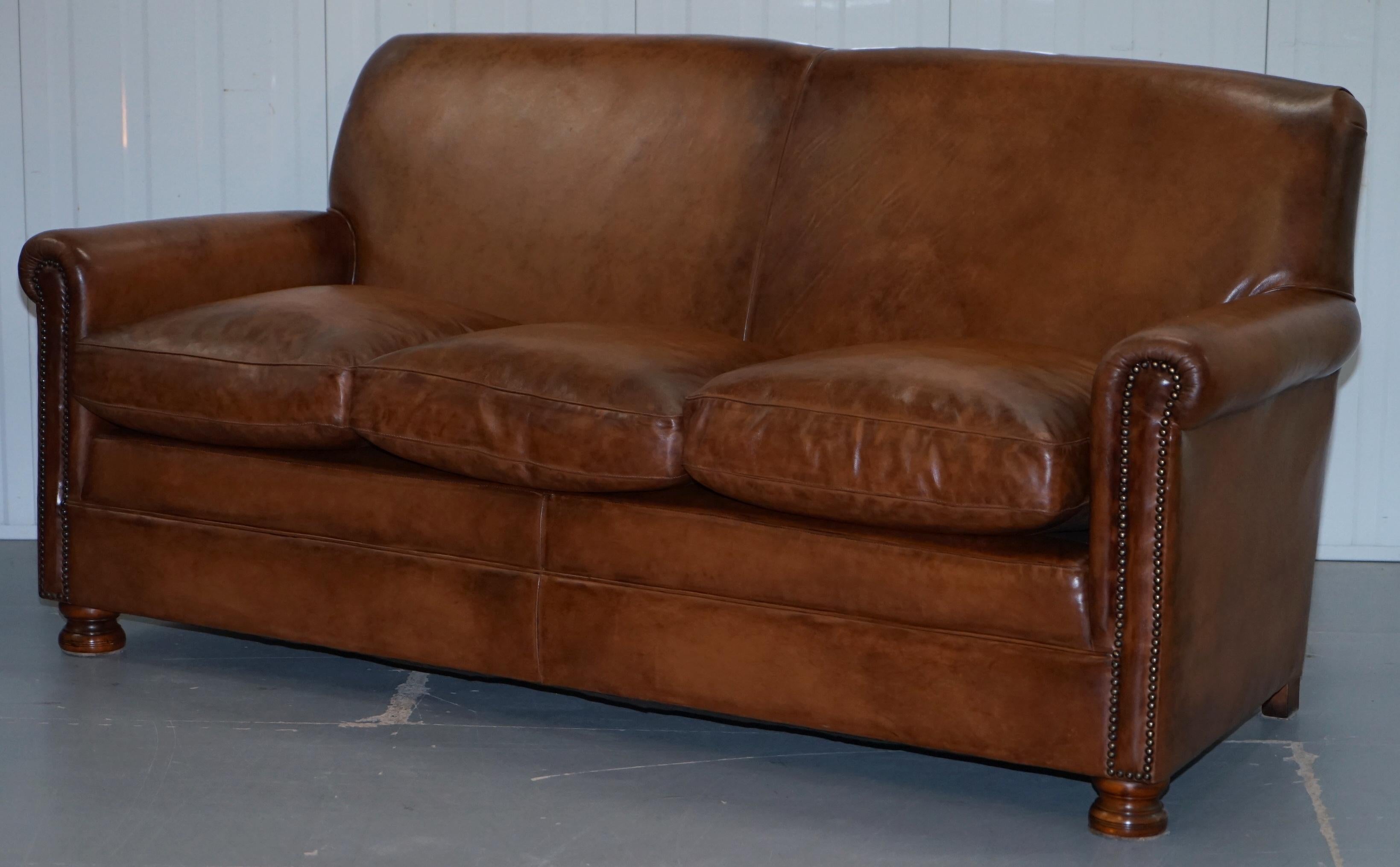 Modern Tetrad Prince Three Seater Brown Leather Sofa Feather Filled Cushions