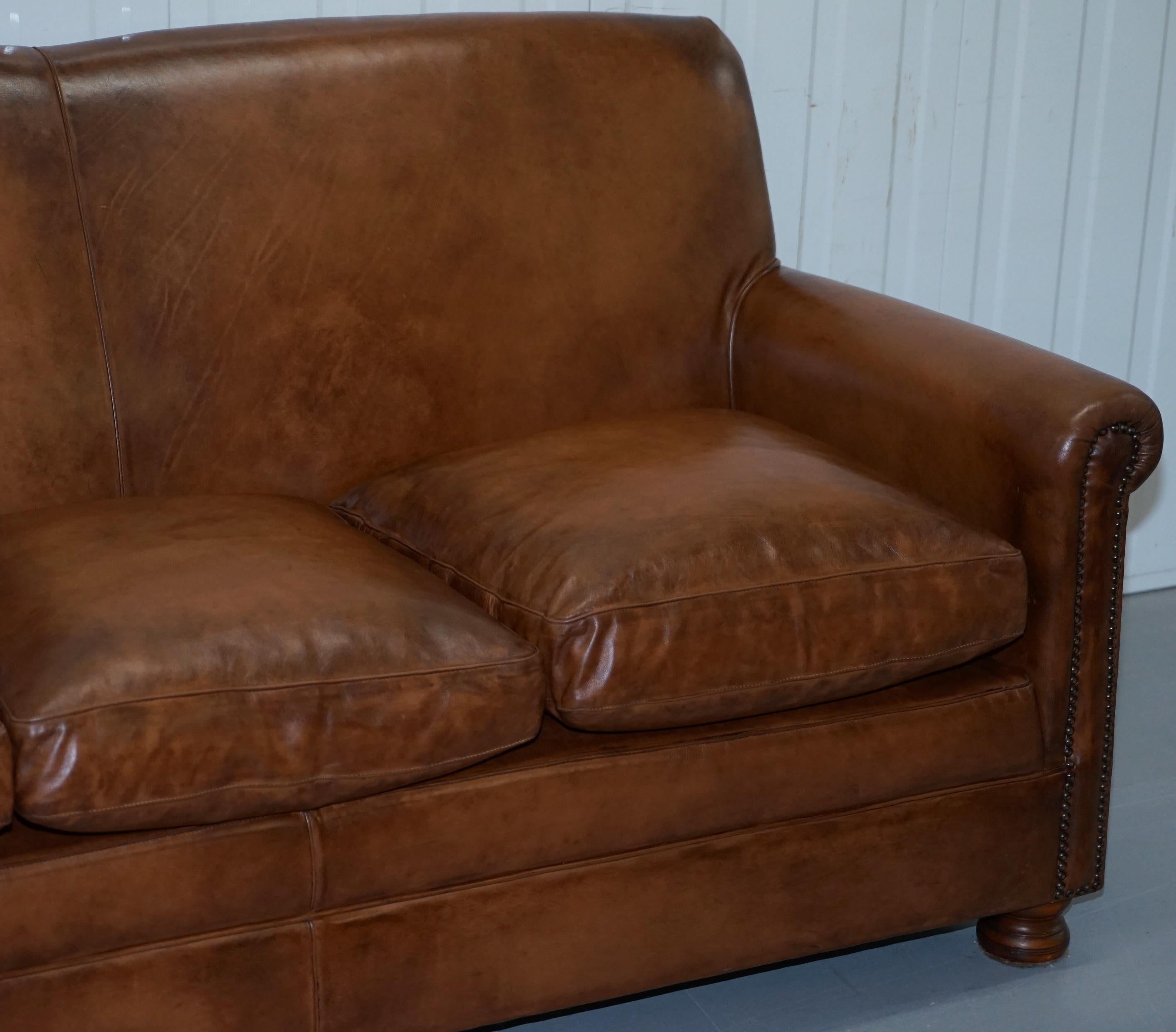 British Tetrad Prince Three Seater Brown Leather Sofa Feather Filled Cushions