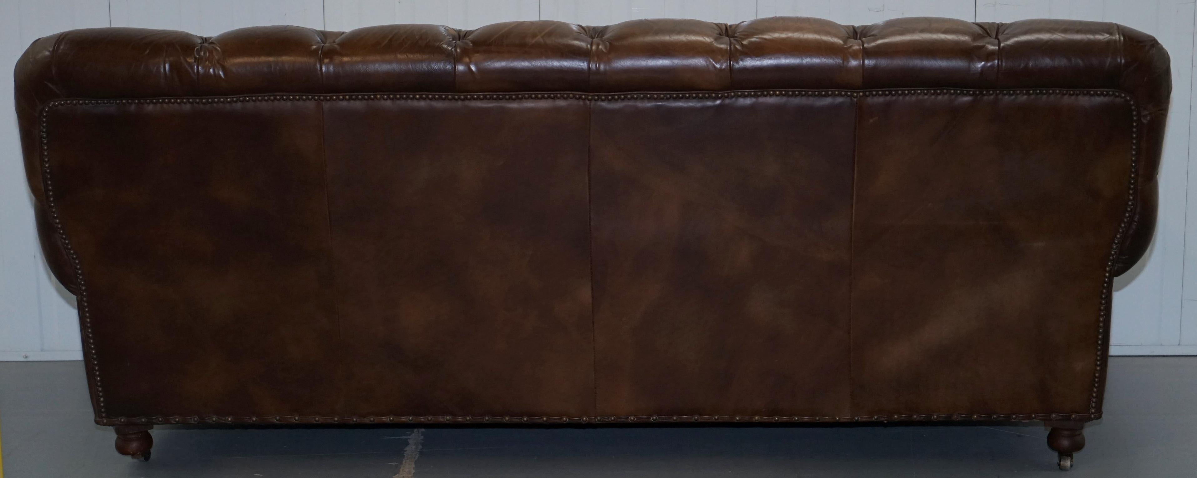 Timothy Oulton Chesterfield Brown Leather Large Sofa Feather Cushions 11
