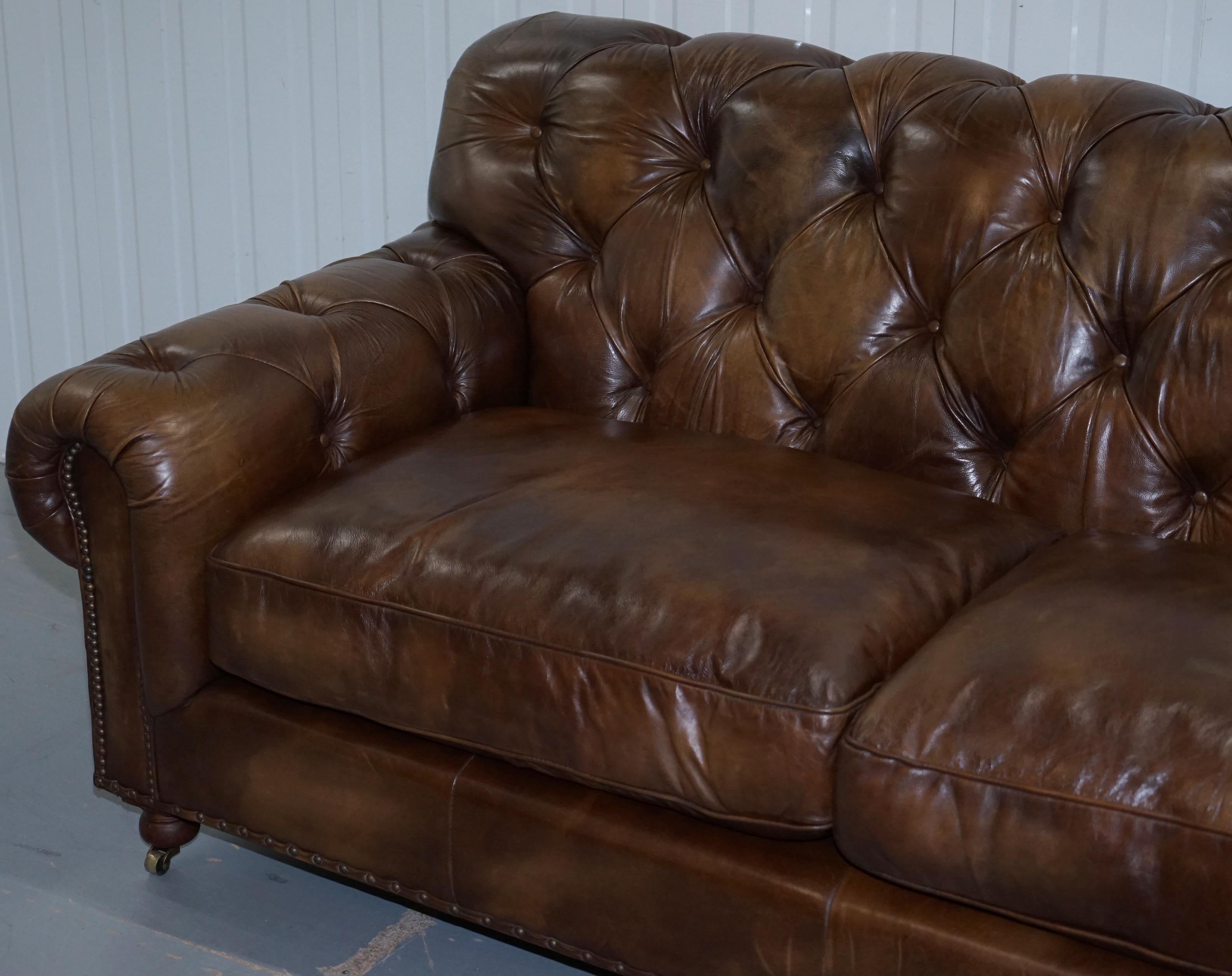 British Timothy Oulton Chesterfield Brown Leather Large Sofa Feather Cushions