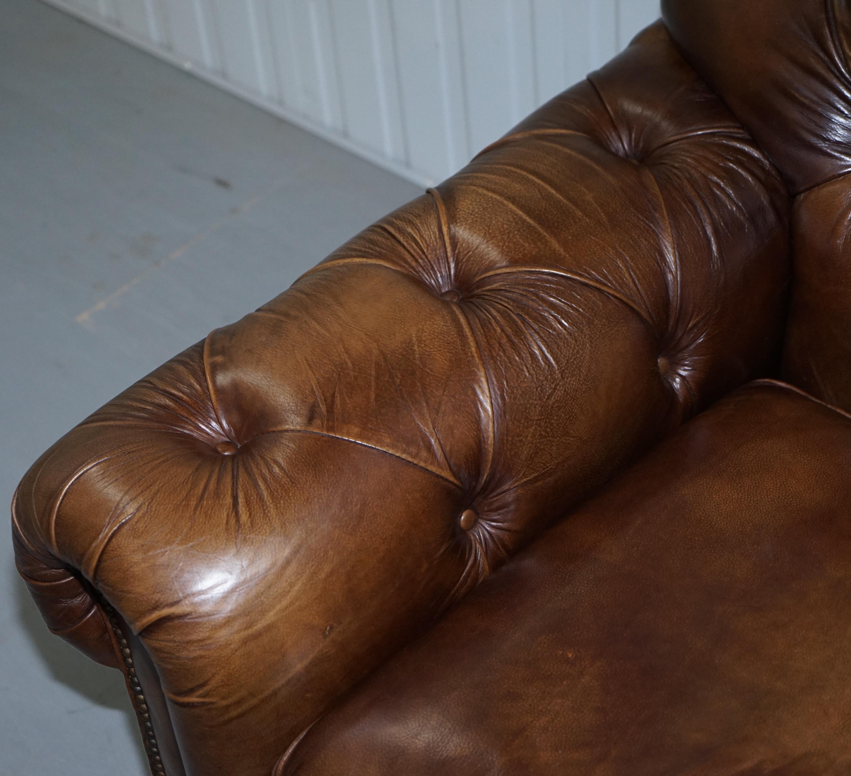 Contemporary Timothy Oulton Chesterfield Brown Leather Large Sofa Feather Cushions