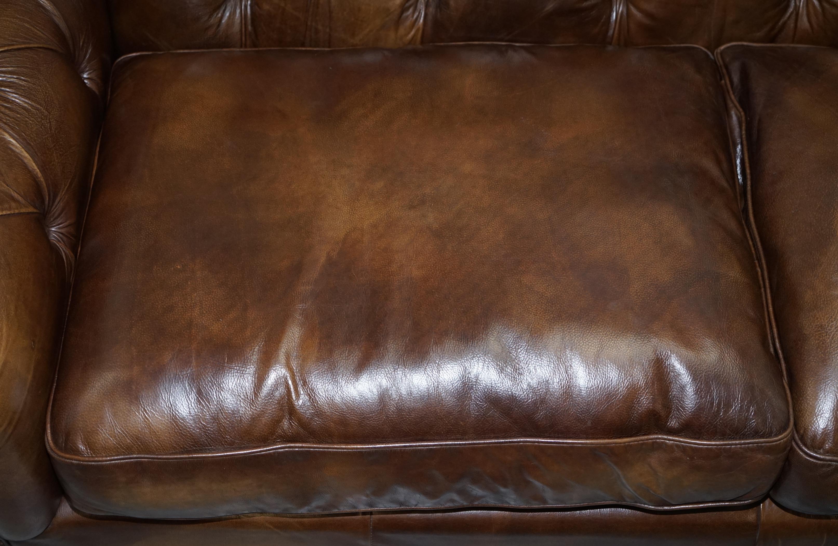 Timothy Oulton Chesterfield Brown Leather Large Sofa Feather Cushions 1