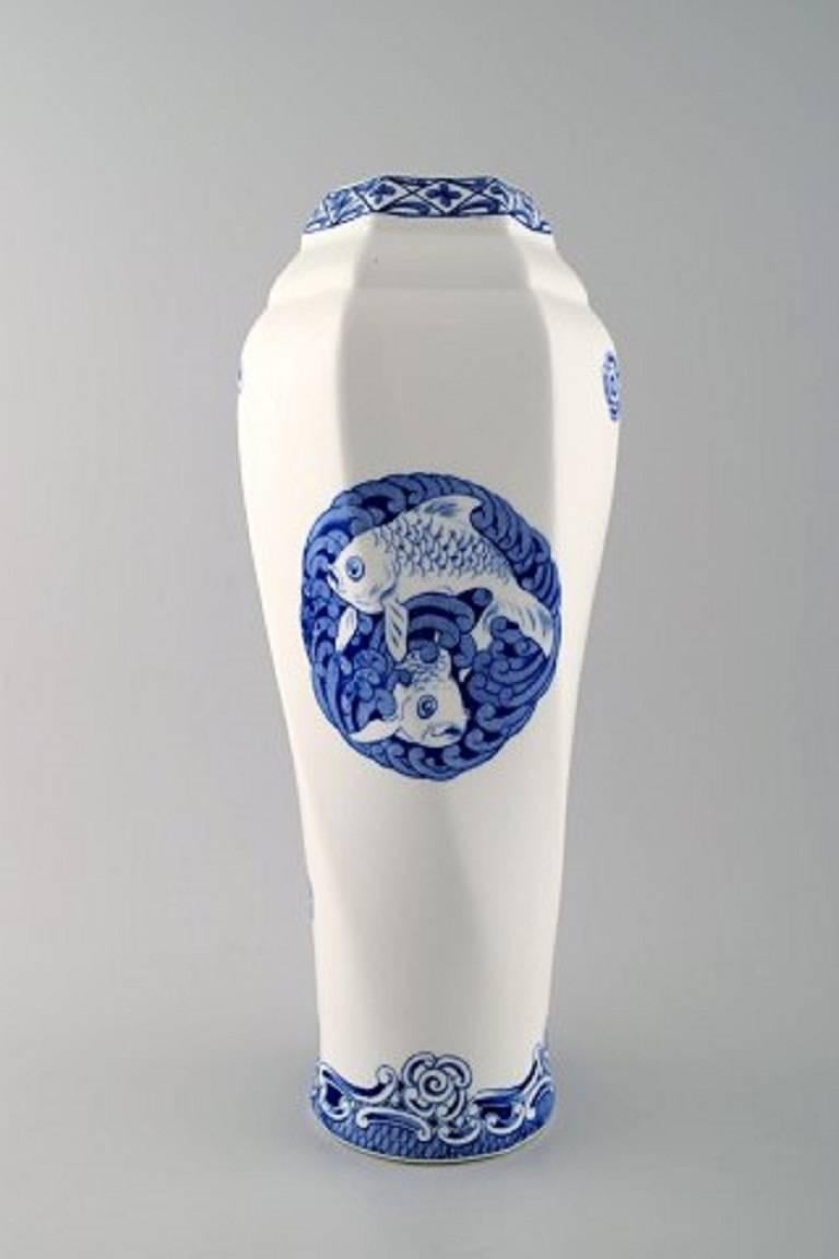 Art Deco Rörstrand, Large Vase in Faience Decorated with Fish, 1920s For Sale