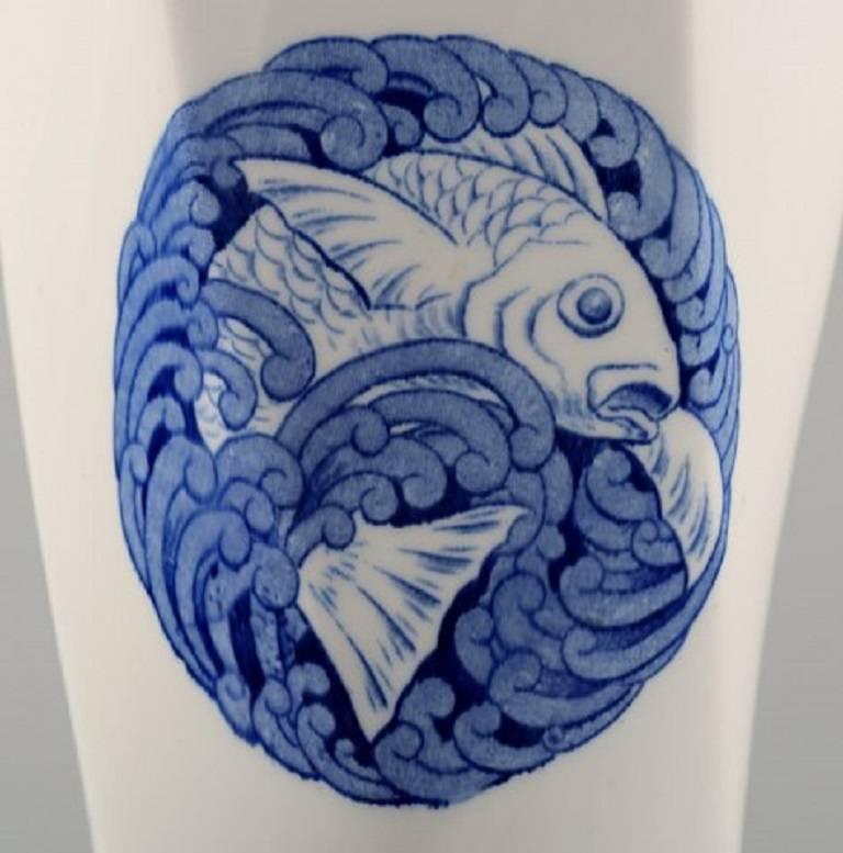 Swedish Rörstrand, Large Vase in Faience Decorated with Fish, 1920s For Sale